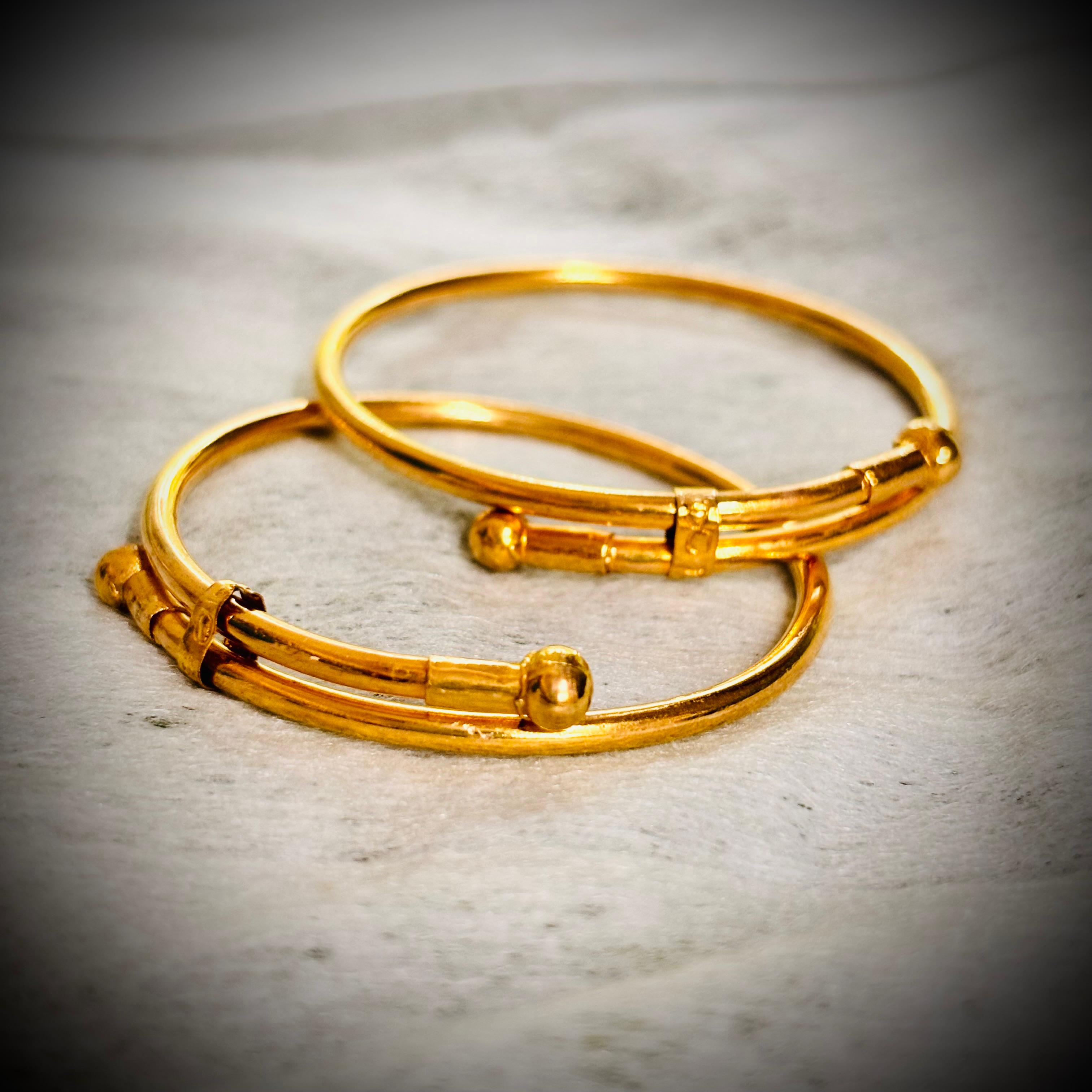 (GBJ) HALLMARK (COVERING) 22KT GOLD BABY BANGLES 1 PAIR FULL ADJUSTABLE SIZE FROM NEW BORN TO 4 YEARS (FOR RICE CEREMONY AND BIRTHDAY) EXCHANGEABLE AT STORE ONLY BY RAJLAXMI.