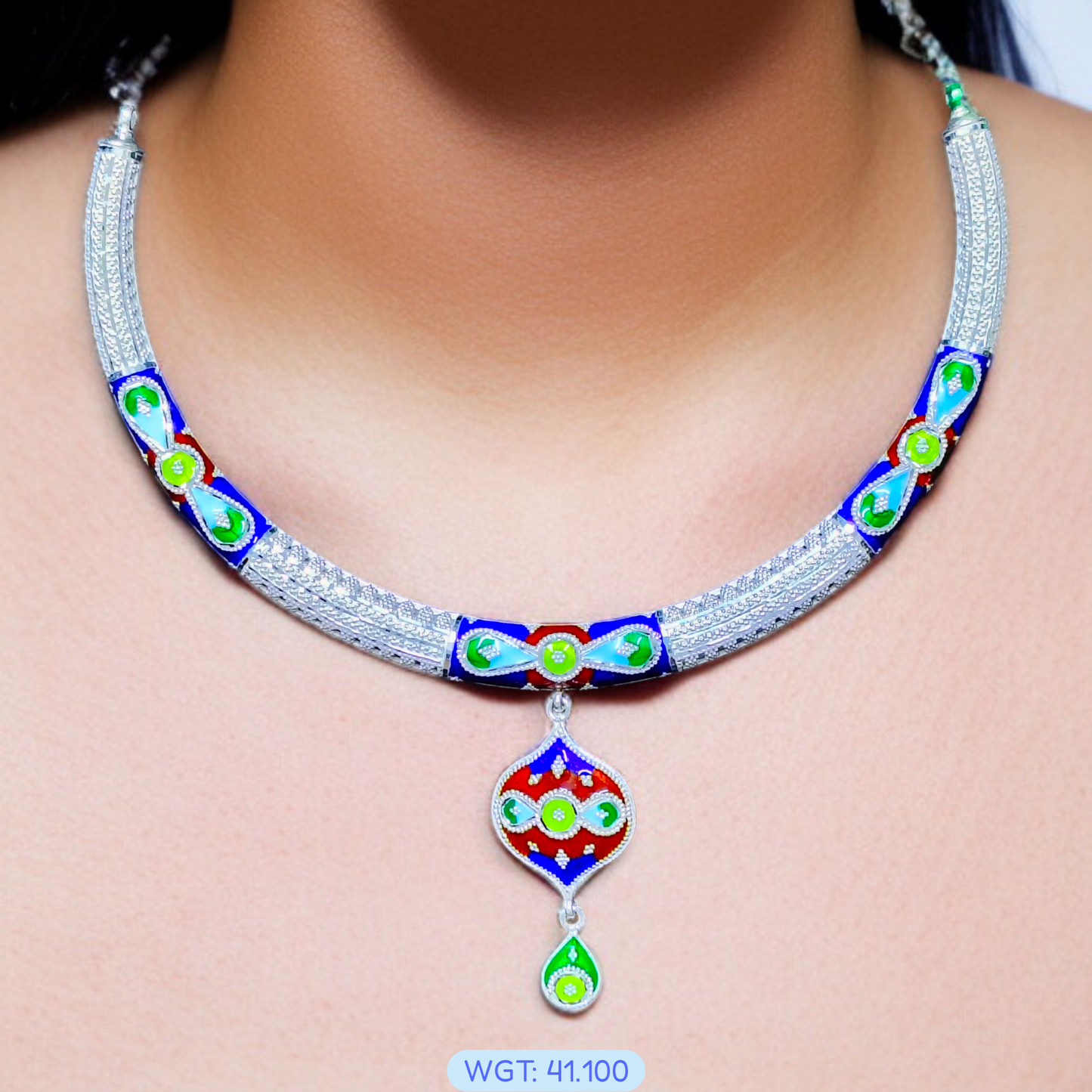 (PREMIUM JEWELLERY) CERTIFIED HALLMARK 925 SILVER HASULI NECKLACE 1 PIECE WITH EARRINGS (MINAKARI MANIPUR DESIGN) APPROX WGT: 41.100 GM (1 PIECE) FOR BEAUTIFUL WOMEN (SOLD ON MRP BY RAJLAXMI).
