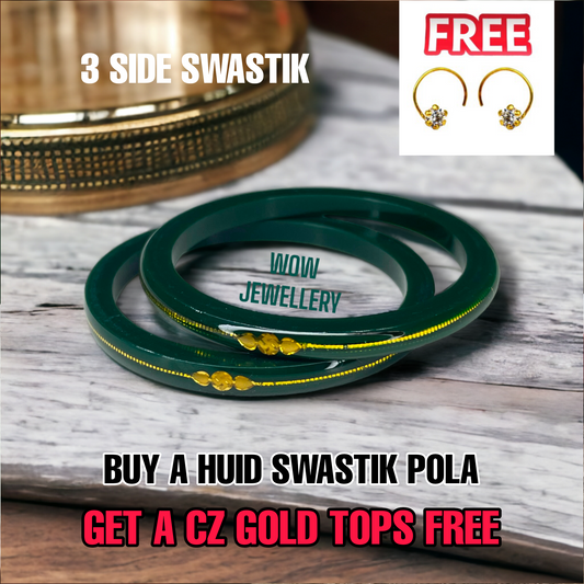 COMBO OFFER GREEN HUID HALLMARK 22KT GOLD SWASTIK VIRAL POLA - 3 SIDE SWASTIK (LAMINATED) 1 PAIR APPROX WGT: 0.200 GM WITH FREE CZ TOPS (NON EXCHANGEABLE)
