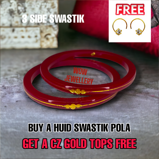 COMBO OFFER RED HUID HALLMARK 22KT GOLD SWASTIK VIRAL POLA - 3 SIDE SWASTIK (LAMINATED) 1 PAIR APPROX WGT: 0.200 GM WITH FREE CZ TOPS (NON EXCHANGEABLE)