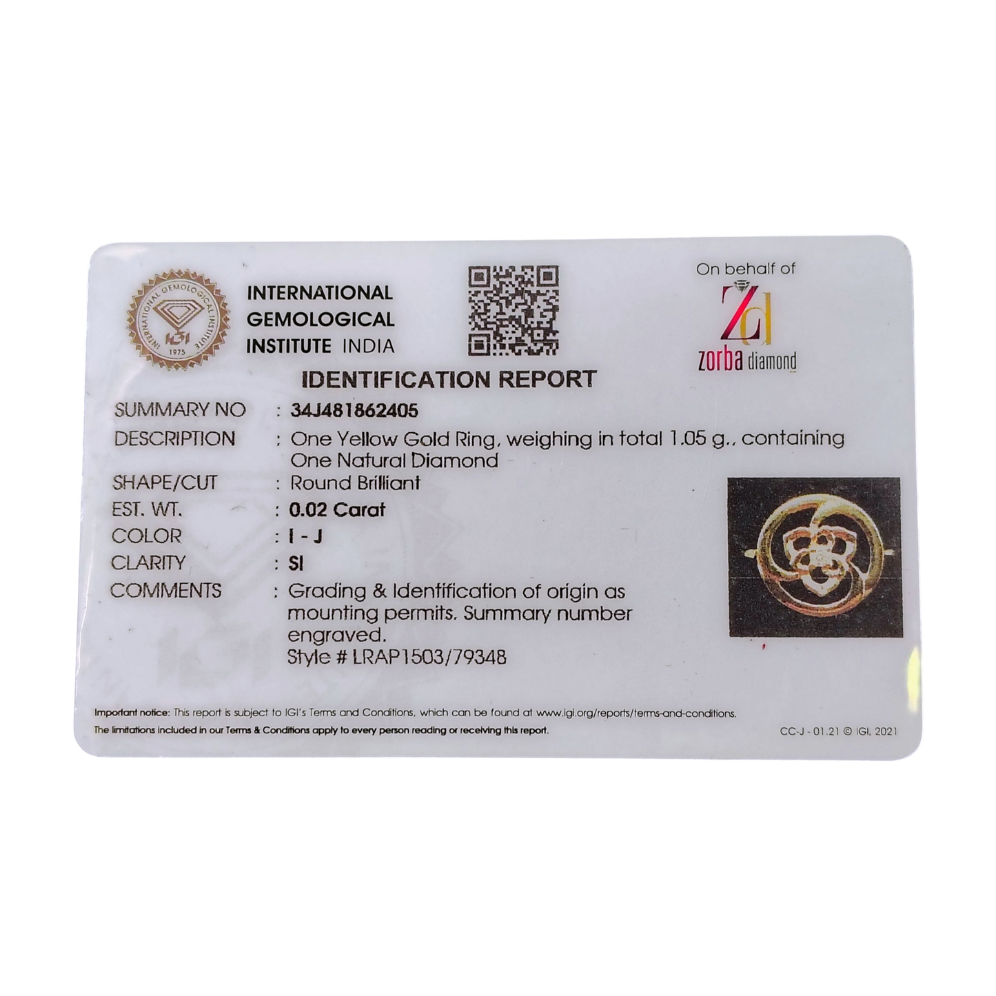 RAJLAXMI DIAMOND JEWELLERY (SIZE:11) - WGT: 1.050 GM - NATURAL DIAMOND (0.02 CENT) HUID HALLMARK 18KT DIAMOND FINGER RING FOR WOMEN WITH CERTIFICATE OF AUTHENTICITY BY ZOBRA (DESIGN NO: LRAP1503).