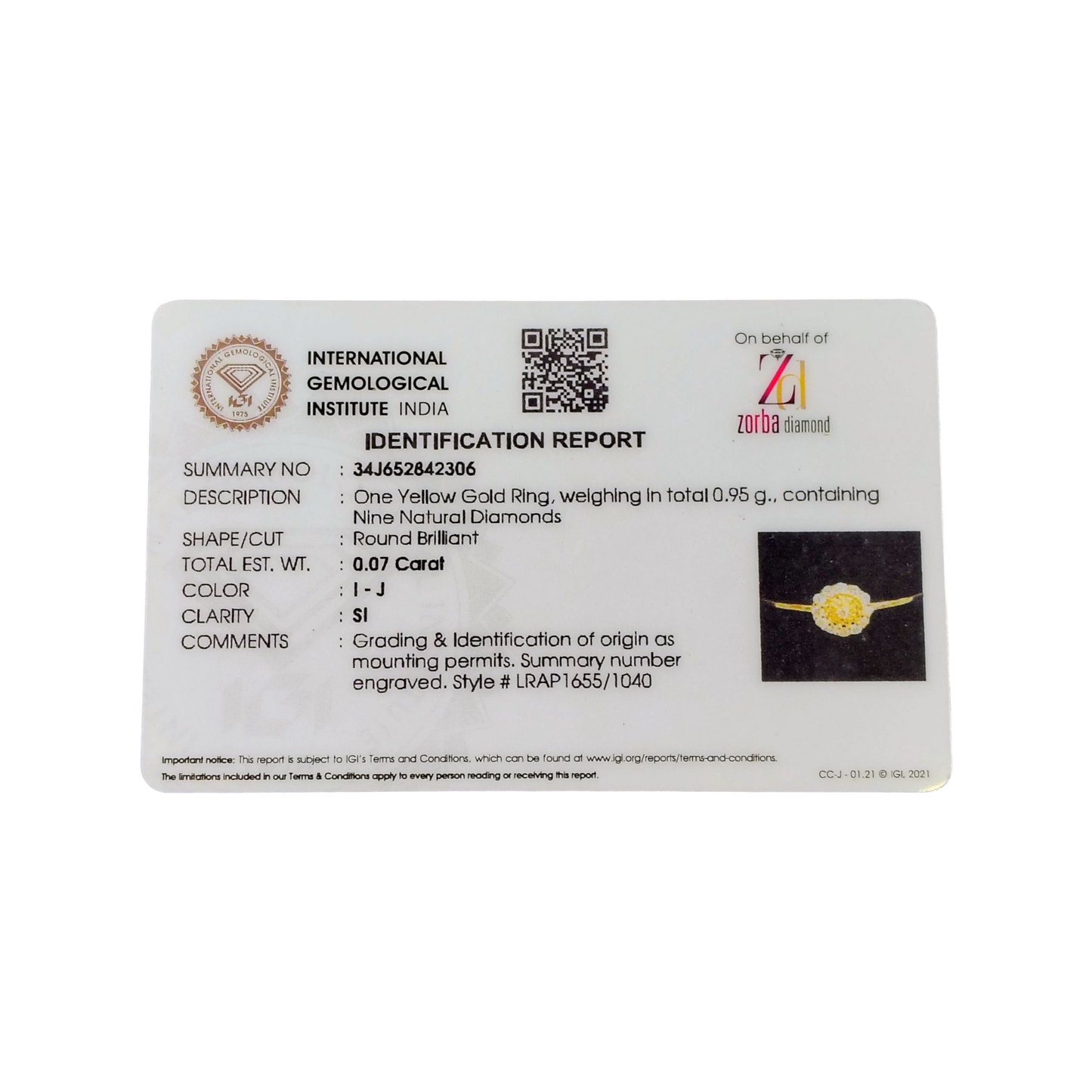 RAJLAXMI DIAMOND JEWELLERY (SIZE:13) - WGT: 0.950 GM - NATURAL DIAMOND (0.07 CENT) HUID HALLMARK 18KT DIAMOND FINGER RING FOR WOMEN WITH CERTIFICATE OF AUTHENTICITY BY ZORBA (DESIGN NO: LRAP1655).