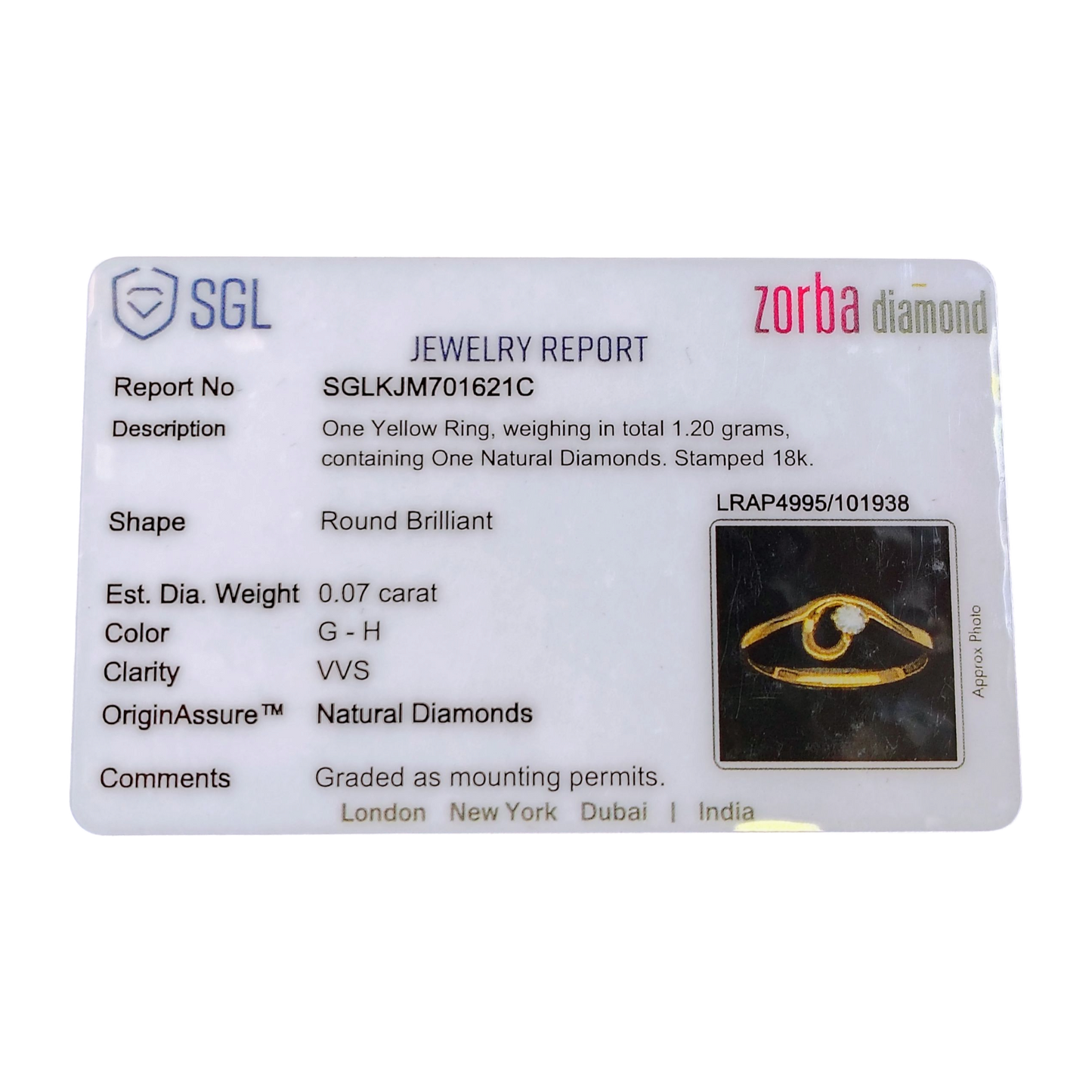 RAJLAXMI DIAMOND JEWELLERY (SIZE:11) - WGT: 1.200 GM - NATURAL DIAMOND (0.07 CENT) HUID HALLMARK 18KT DIAMOND FINGER RING FOR WOMEN WITH CERTIFICATE OF AUTHENTICITY BY ZORBA (DESIGN NO: LRAP4995).
