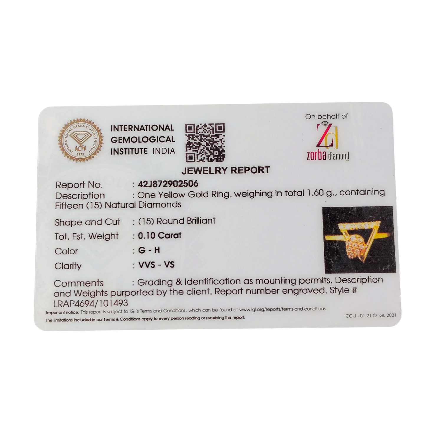 RAJLAXMI DIAMOND JEWELLERY (SIZE:17) - WGT: 1.600 GM - NATURAL DIAMOND (0.10 CENT) HUID HALLMARK 18KT DIAMOND FINGER RING FOR WOMEN WITH CERTIFICATE OF AUTHENTICITY BY ZORBA (DESIGN NO: LRAP4694).