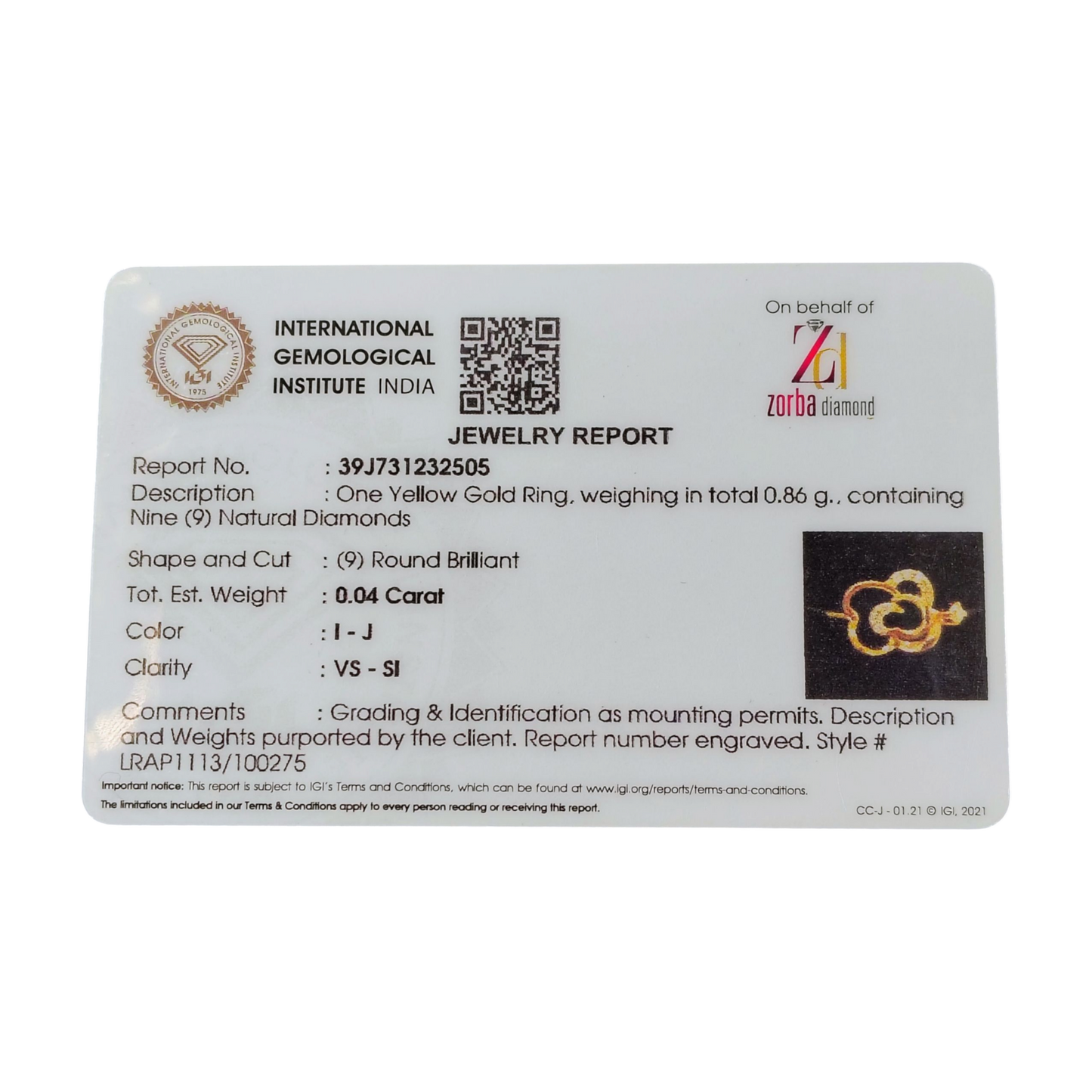 RAJLAXMI DIAMOND JEWELLERY (SIZE:13) - WGT: 0.860 GM - NATURAL DIAMOND (0.04 CENT) HUID HALLMARK 18KT DIAMOND FINGER RING FOR WOMEN WITH CERTIFICATE OF AUTHENTICITY BY ZORBA (DESIGN NO: LRAP1113).