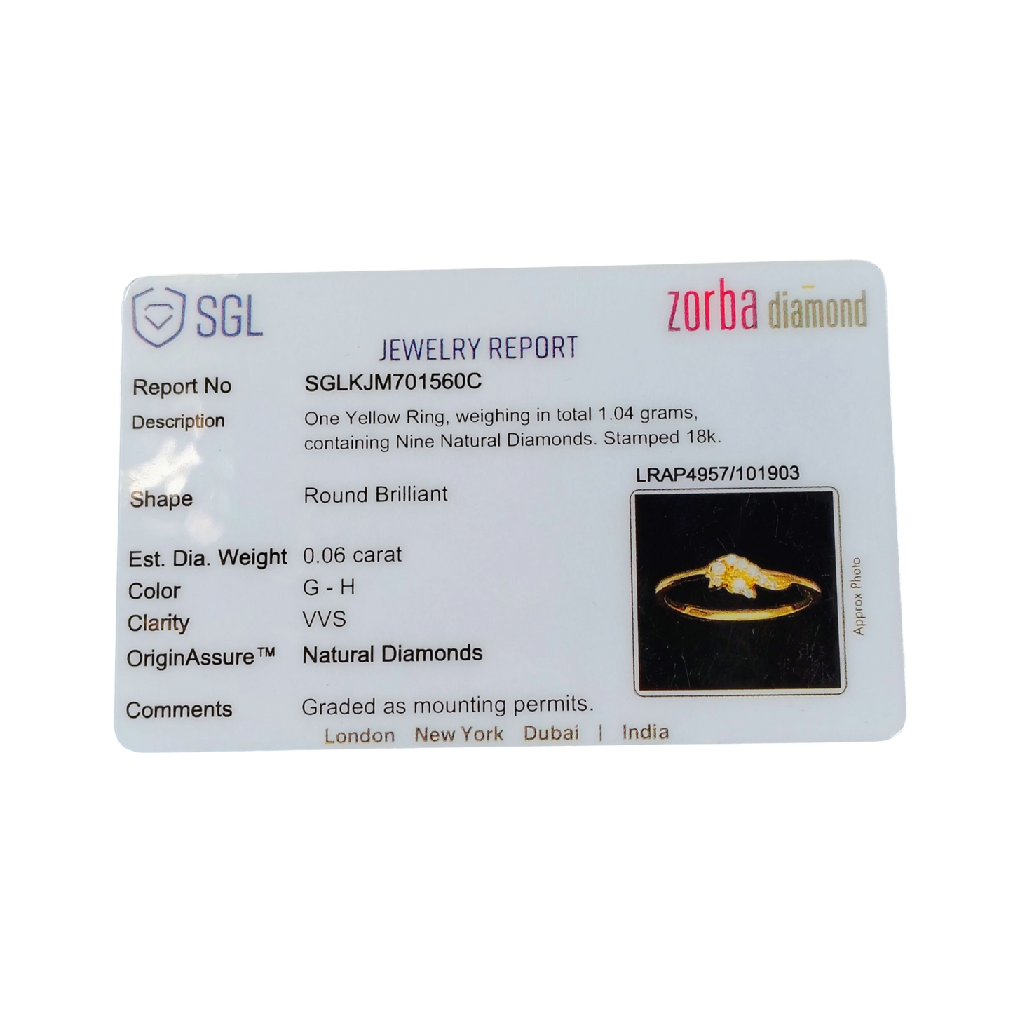 RAJLAXMI DIAMOND JEWELLERY (SIZE:09) - WGT: 1.040 GM - NATURAL DIAMOND (0.06 CENT) HUID HALLMARK 18KT DIAMOND FINGER RING FOR WOMEN WITH CERTIFICATE OF AUTHENTICITY BY ZORBA (DESIGN NO: LRAP4957).