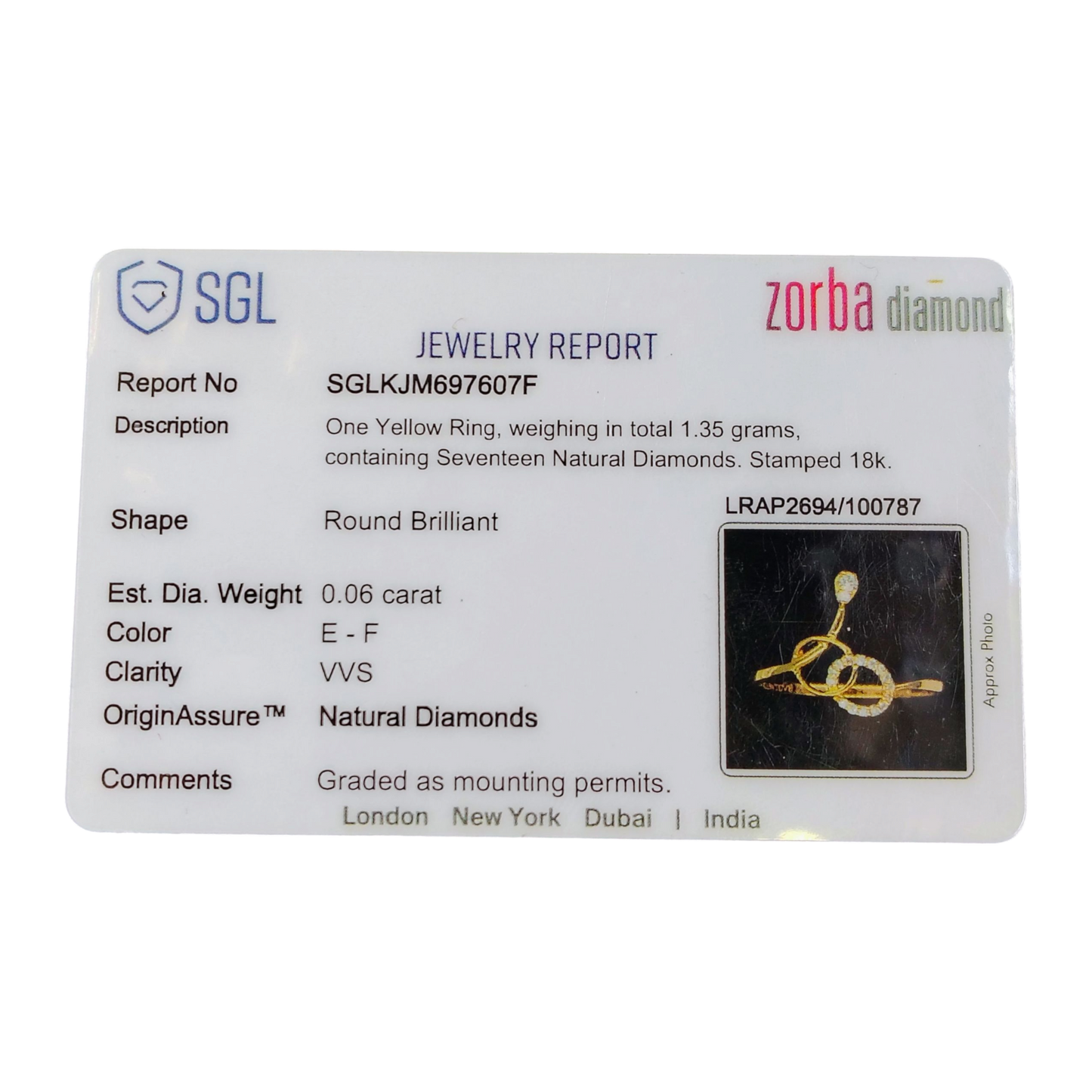 RAJLAXMI DIAMOND JEWELLERY (SIZE:12) - WGT: 1.350 GM - NATURAL DIAMOND (0.06 CENT) HUID HALLMARK 18KT DIAMOND FINGER RING FOR WOMEN WITH CERTIFICATE OF AUTHENTICITY BY ZORBA (DESIGN NO: LRAP2694).