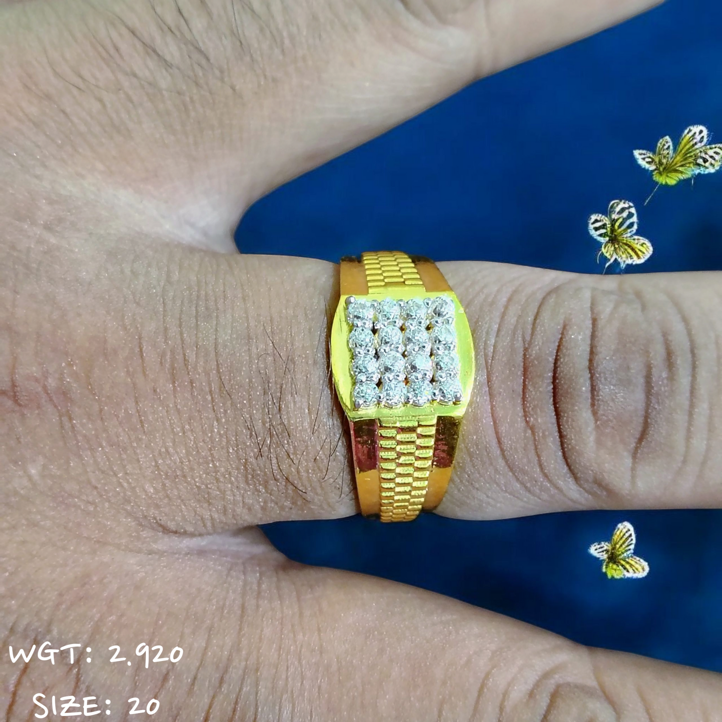 TRJ (SIZE: 20) CERTIFIED BIS HUID HALLMARK 916 22KT GOLD GENTS FINGER RING FOR MENS 1 PIECE (WGT: 2.920 GRAM APPROX) STUDDED WITH ITALIAN VVS QUALITY CZ STONE.