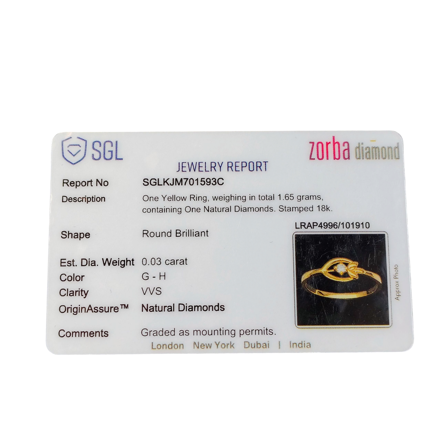 RAJLAXMI DIAMOND JEWELLERY (SIZE:13) - WGT: 1.650 GM - NATURAL DIAMOND (0.03 CENT) HUID HALLMARK 18KT DIAMOND FINGER RING FOR WOMEN WITH CERTIFICATE OF AUTHENTICITY BY ZORBA (DESIGN NO: LRAP4996).