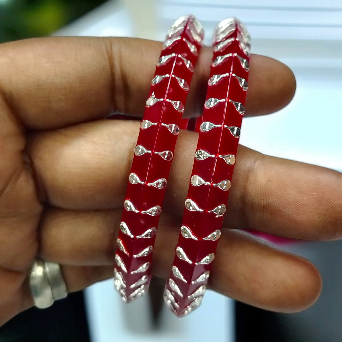 RED LITE KANKAN DESIGN 995 ORIGINAL SILVER POLA BANGLES FOR WOMEN 1 PAIR - SOLD AS MRP BY RAJLAXMI.(GET FREE SILVER POLA RING) HAPPY HOURS OFFER.