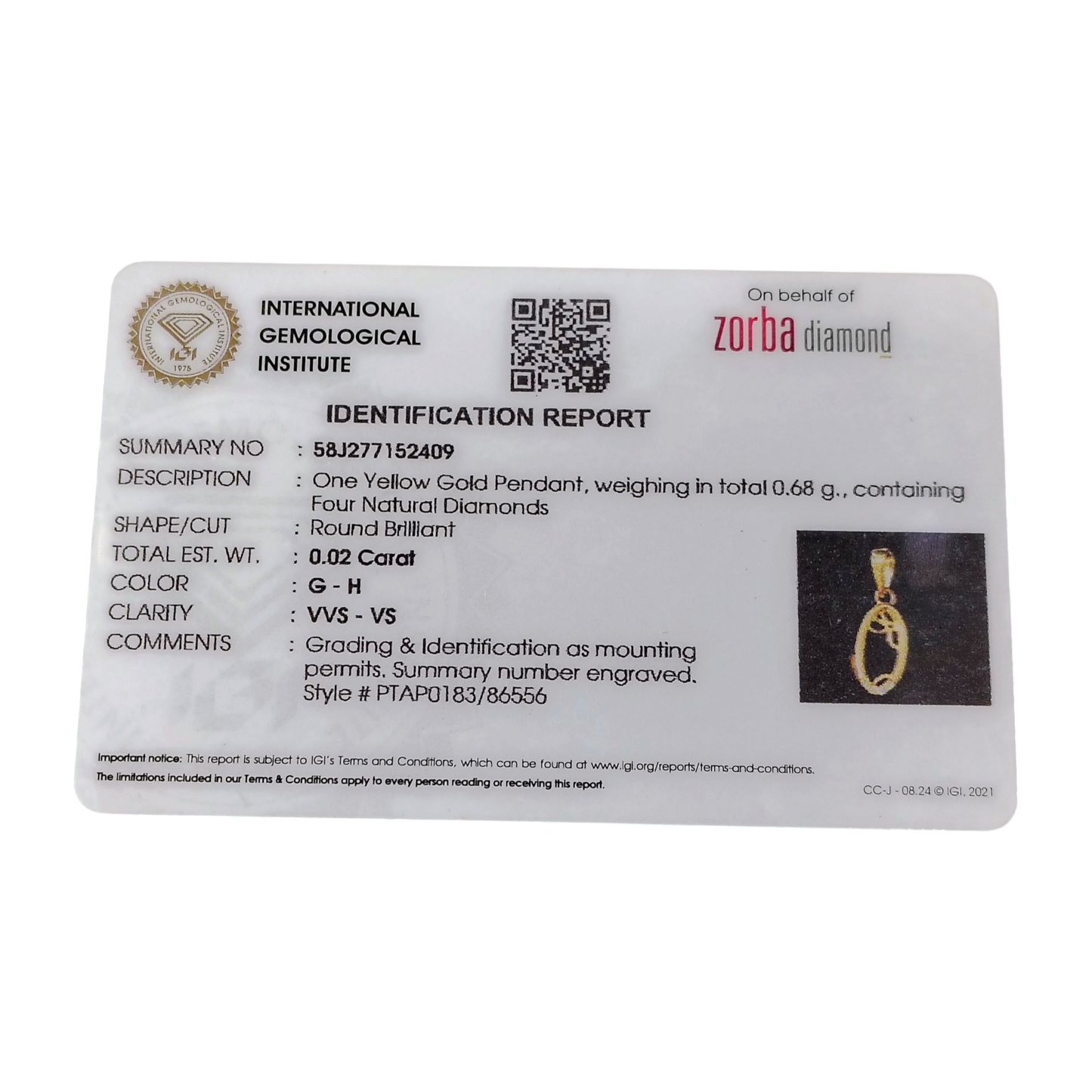 RAJLAXMI DIAMOND JEWELLERY - WGT: 0.680 GM - NATURAL DIAMOND (0.02 CENT) HUID HALLMARK 18KT DIAMOND PENDANT LOCKET FOR WOMEN WITH CERTIFICATE OF AUTHENTICITY BY ZORBA (DESIGN NO: PTAP0183) *CHAIN NOT INCLUDED.