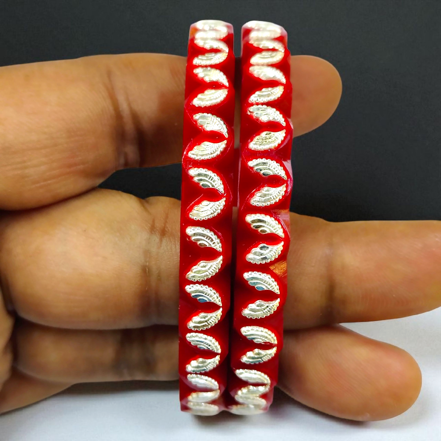(GREAT FREEDOM SALE) RED COOKRY DESIGN 925 ORIGINAL SILVER POLA BANGLES FOR WOMEN 1 PAIR - SOLD AS MRP BY RAJLAXMI.