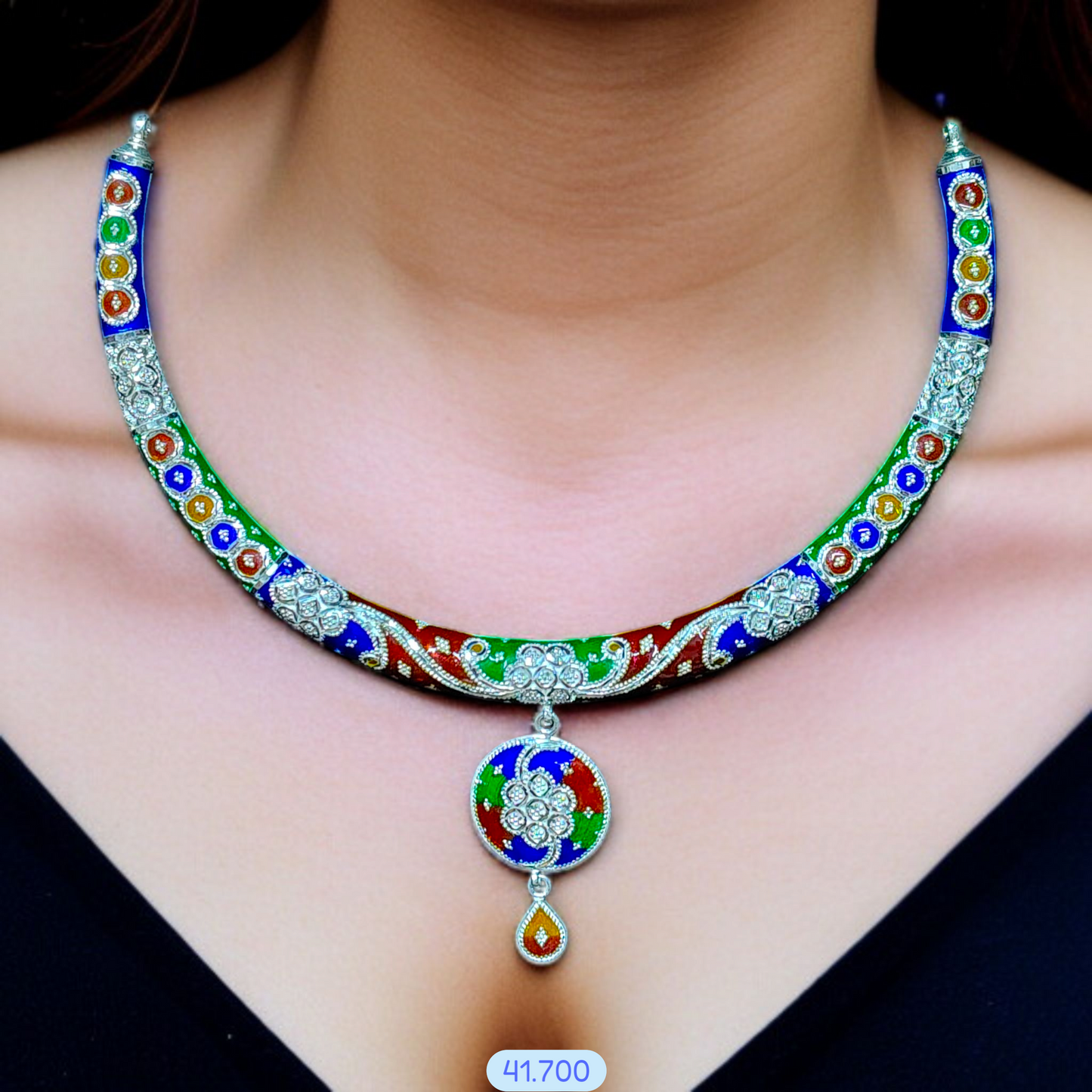 (PREMIUM JEWELLERY) CERTIFIED HALLMARK 925 SILVER HASULI NECKLACE 1 PIECE WITH EARRINGS (MINAKARI MANIPUR DESIGN) APPROX WGT: 41.700 GM (1 PIECE) FOR BEAUTIFUL WOMEN (SOLD ON MRP BY RAJLAXMI).