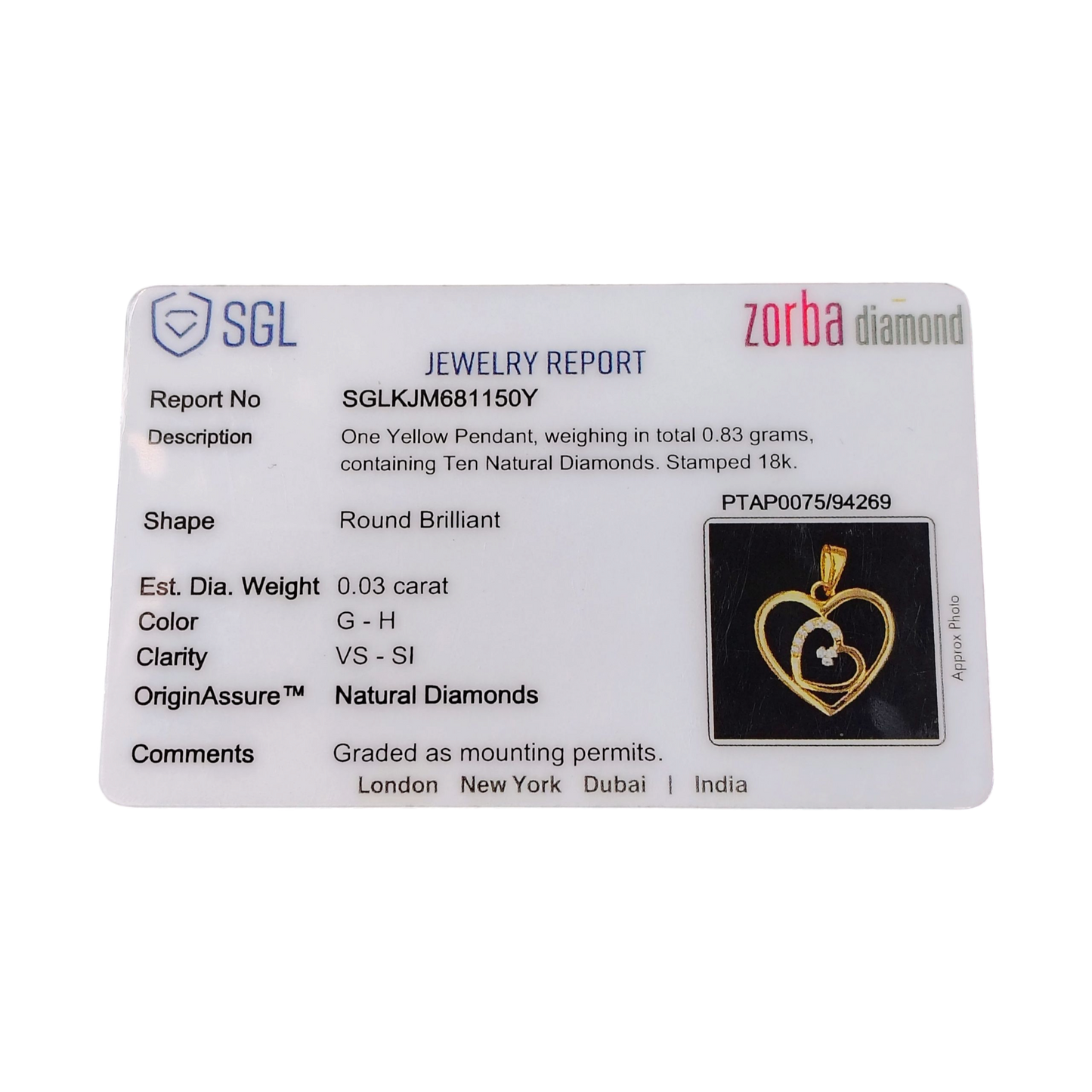 RAJLAXMI DIAMOND JEWELLERY - WGT: 0.830 GM - NATURAL DIAMOND (0.03 CENT) HUID HALLMARK 18KT DIAMOND PENDANT LOCKET FOR WOMEN WITH CERTIFICATE OF AUTHENTICITY BY ZORBA (DESIGN NO: PTAP0075) *CHAIN NOT INCLUDED.