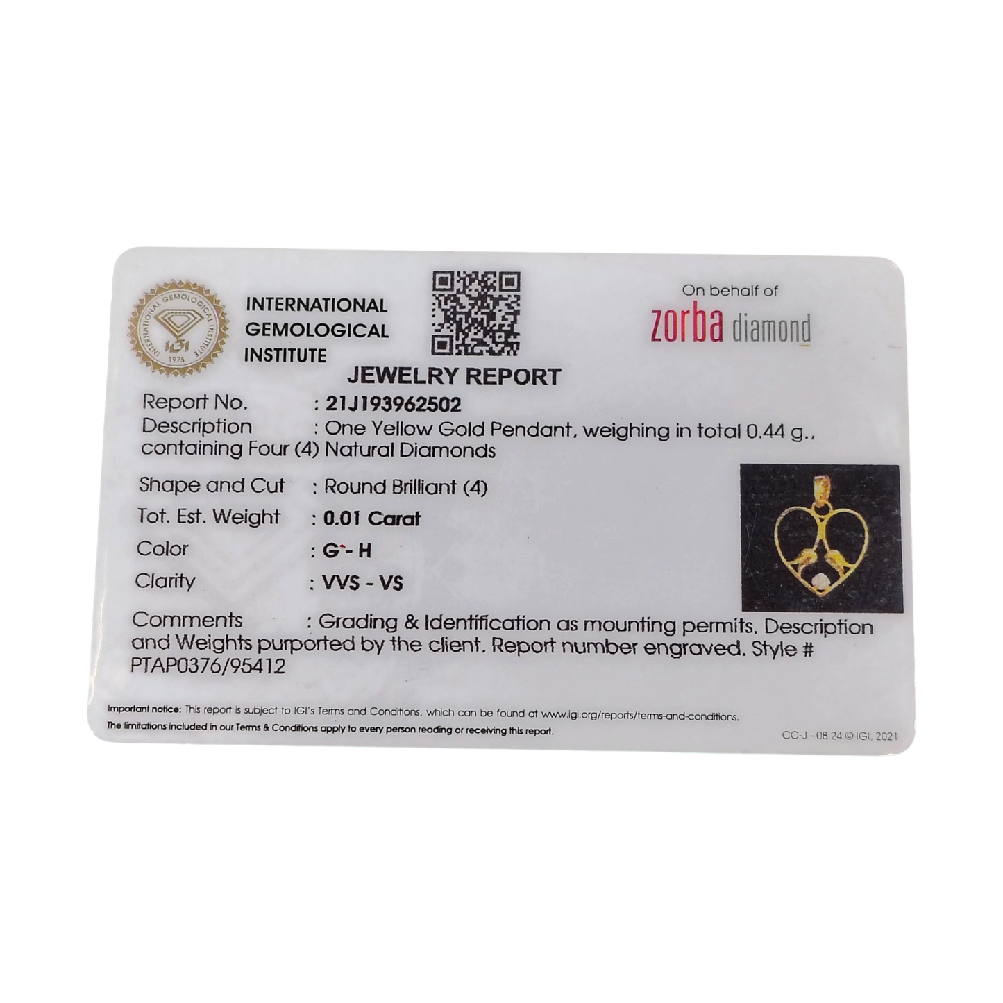 RAJLAXMI DIAMOND JEWELLERY - WGT: 0.440 GM - NATURAL DIAMOND (0.01 CENT) HUID HALLMARK 18KT DIAMOND PENDANT LOCKET FOR WOMEN WITH CERTIFICATE OF AUTHENTICITY BY ZORBA (DESIGN NO: PTAP0376) *CHAIN NOT INCLUDED.