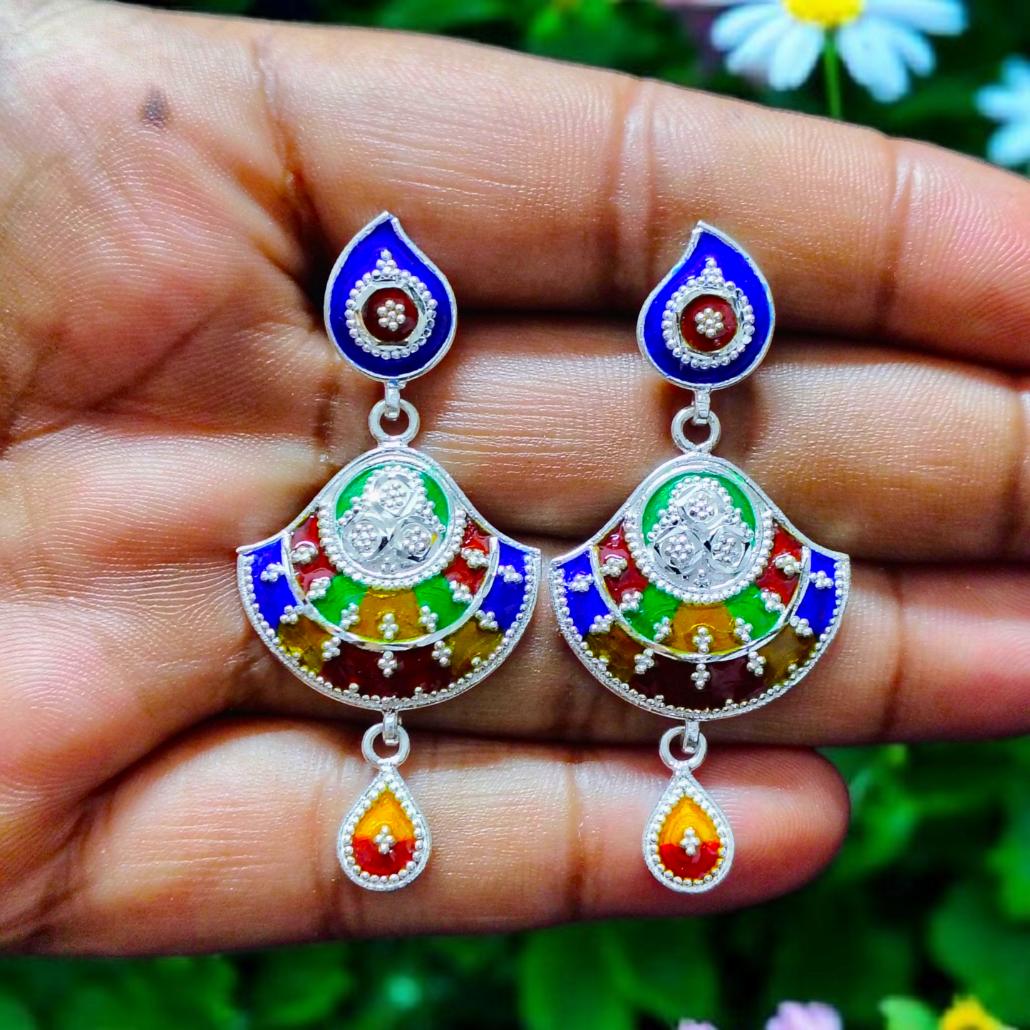 (PREMIUM JEWELLERY) CERTIFIED HALLMARK 925 SILVER HASULI NECKLACE 1 PIECE WITH EARRINGS (MINAKARI MANIPUR DESIGN) APPROX WGT: 41.700 GM (1 PIECE) FOR BEAUTIFUL WOMEN (SOLD ON MRP BY RAJLAXMI).