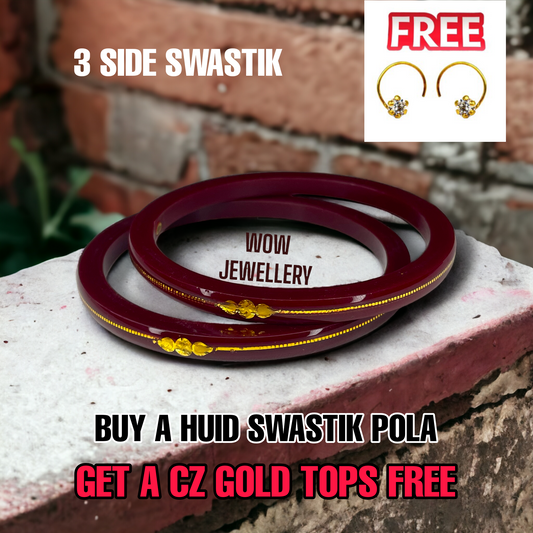COMBO OFFER MAROON HUID HALLMARK 22KT GOLD SWASTIK POLA - 3 SIDE SWASTIK (LAMINATED) 1 PAIR APPROX WGT: 0.200 GM WITH FREE CZ TOPS (NON EXCHANGEABLE)