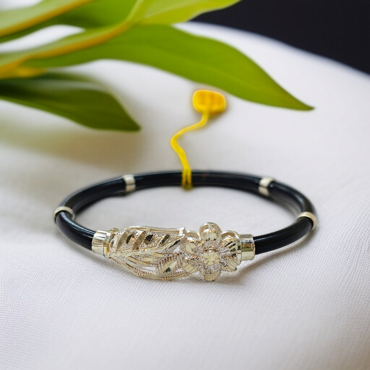 TRJ BLACK FLOWER2 DESIGN 925 ORIGINAL SILVER NOA BANGLES FOR WOMEN 1 PIECE - SOLD AS MRP BY RAJLAXMI.