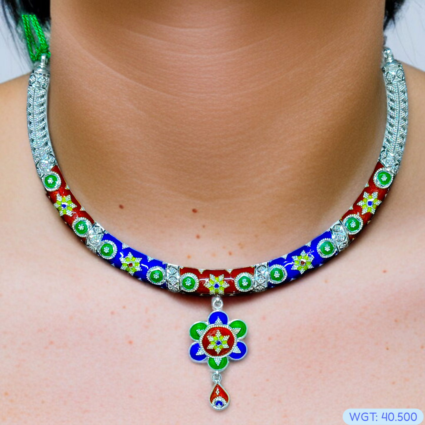 (PREMIUM JEWELLERY) CERTIFIED HALLMARK 925 SILVER HASULI NECKLACE 1 PIECE WITH EARRINGS (MINAKARI MANIPUR DESIGN) APPROX WGT: 40.500 GM (1 PIECE) FOR BEAUTIFUL WOMEN (SOLD ON MRP BY RAJLAXMI).