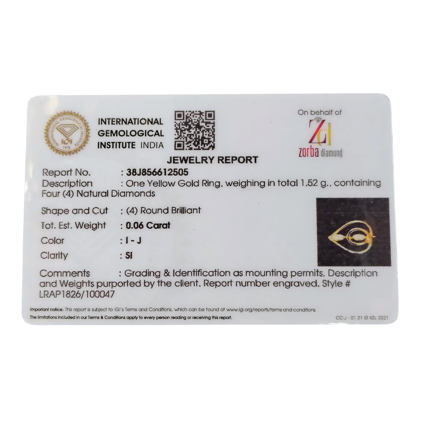 RAJLAXMI DIAMOND JEWELLERY (SIZE:16) - WGT: 1.520 GM - NATURAL DIAMOND (0.06 CENT) HUID HALLMARK 18KT DIAMOND FINGER RING FOR WOMEN WITH CERTIFICATE OF AUTHENTICITY BY ZORBA (DESIGN NO: LRAP1826).