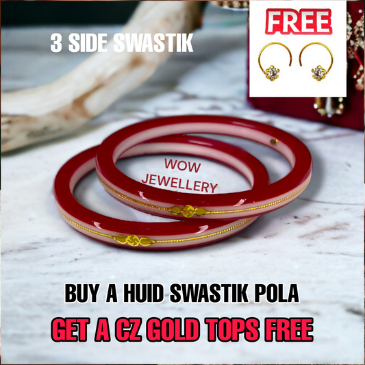 COMBO OFFER VIVRANT HUID HALLMARK 22KT GOLD SWASTIK VIRAL POLA - 3 SIDE SWASTIK (LAMINATED) 1 PAIR APPROX WGT: 0.200 GM WITH FREE CZ TOPS (NON EXCHANGEABLE)
