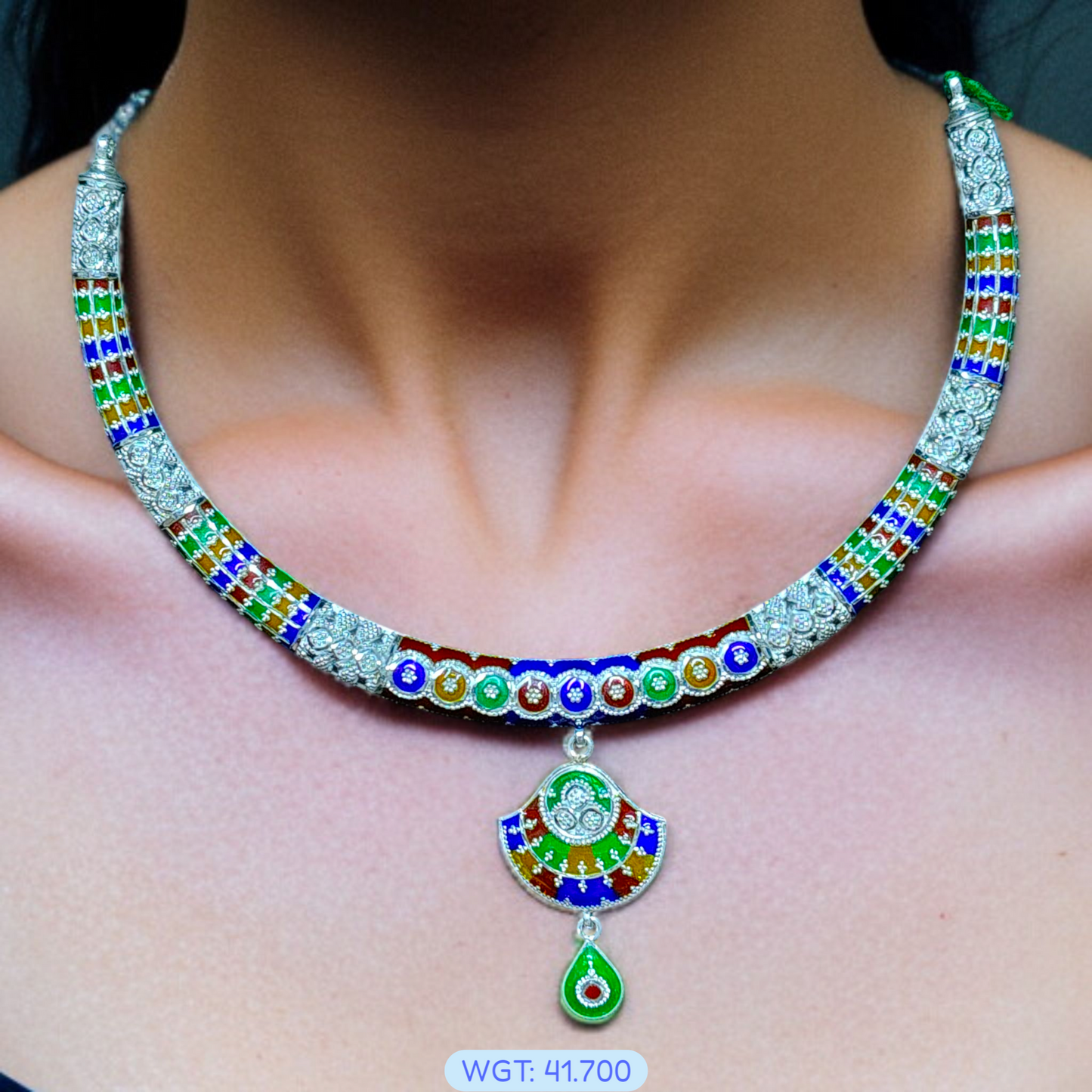 (PREMIUM JEWELLERY) CERTIFIED HALLMARK 925 SILVER HASULI NECKLACE 1 PIECE WITH EARRINGS (MINAKARI MANIPUR DESIGN) APPROX WGT: 41.700 GM (1 PIECE) FOR BEAUTIFUL WOMEN (SOLD ON MRP BY RAJLAXMI).