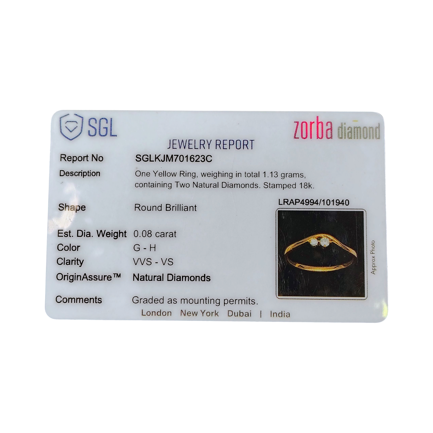 RAJLAXMI DIAMOND JEWELLERY (SIZE:11) - WGT: 1.130 GM - NATURAL DIAMOND (0.08 CENT) HUID HALLMARK 18KT DIAMOND FINGER RING FOR WOMEN WITH CERTIFICATE OF AUTHENTICITY BY ZORBA (DESIGN NO: LRAP4994).