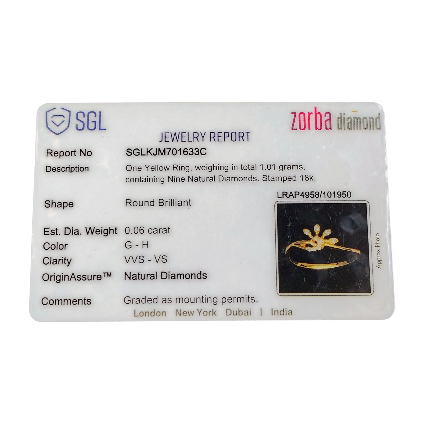 RAJLAXMI DIAMOND JEWELLERY (SIZE:09) - WGT: 1.010 GM - NATURAL DIAMOND (0.06 CENT) HUID HALLMARK 18KT DIAMOND FINGER RING FOR WOMEN WITH CERTIFICATE OF AUTHENTICITY BY ZORBA (DESIGN NO: LRAP4958).