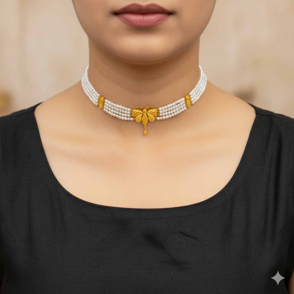 (GMC) CERTIFIED BIS HUID HALLMARK 916 22KT GOLD MOTI CHOKER 1 PIECE (WGT: 1.550 GM) WITH ADJUSTABLE TASSEL FOR GIFT IN MARRIAGE.