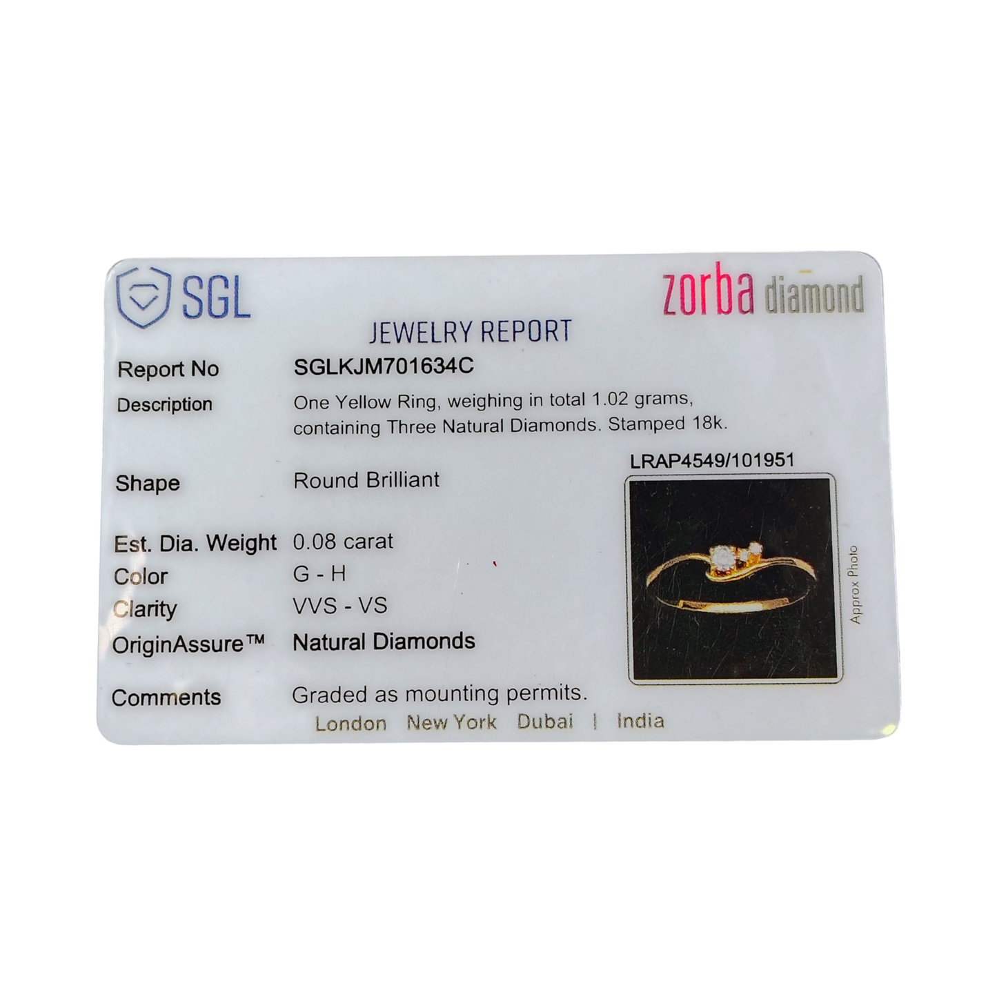 RAJLAXMI DIAMOND JEWELLERY (SIZE:10) - WGT: 1.020 GM - NATURAL DIAMOND (0.08 CENT) HUID HALLMARK 18KT DIAMOND FINGER RING FOR WOMEN WITH CERTIFICATE OF AUTHENTICITY BY ZORBA (DESIGN NO: LRAP4549).