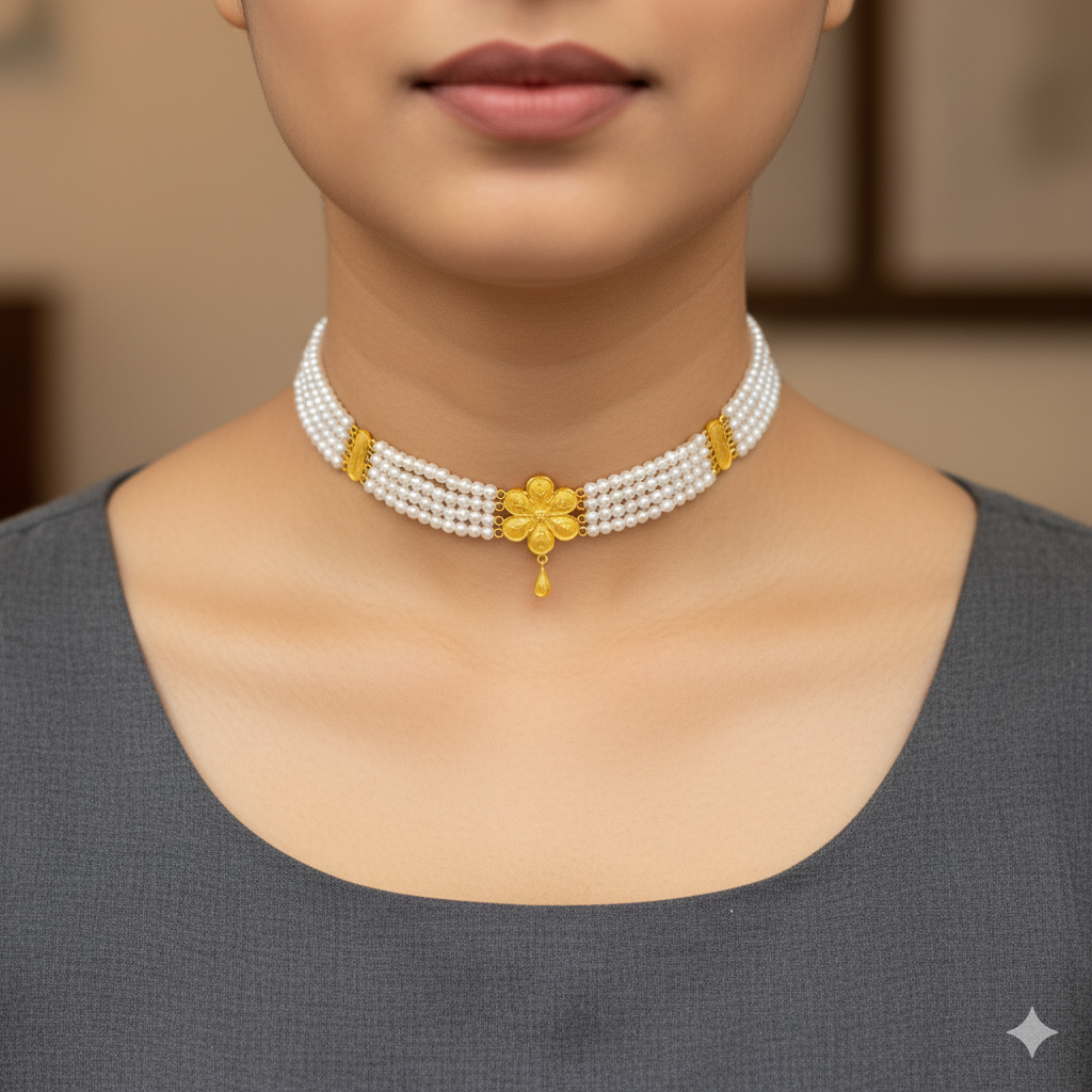 (GMC) CERTIFIED BIS HUID HALLMARK 916 22KT GOLD MOTI CHOKER 1 PIECE (WGT: 1.330 GM) WITH ADJUSTABLE TASSEL FOR GIFT IN MARRIAGE.