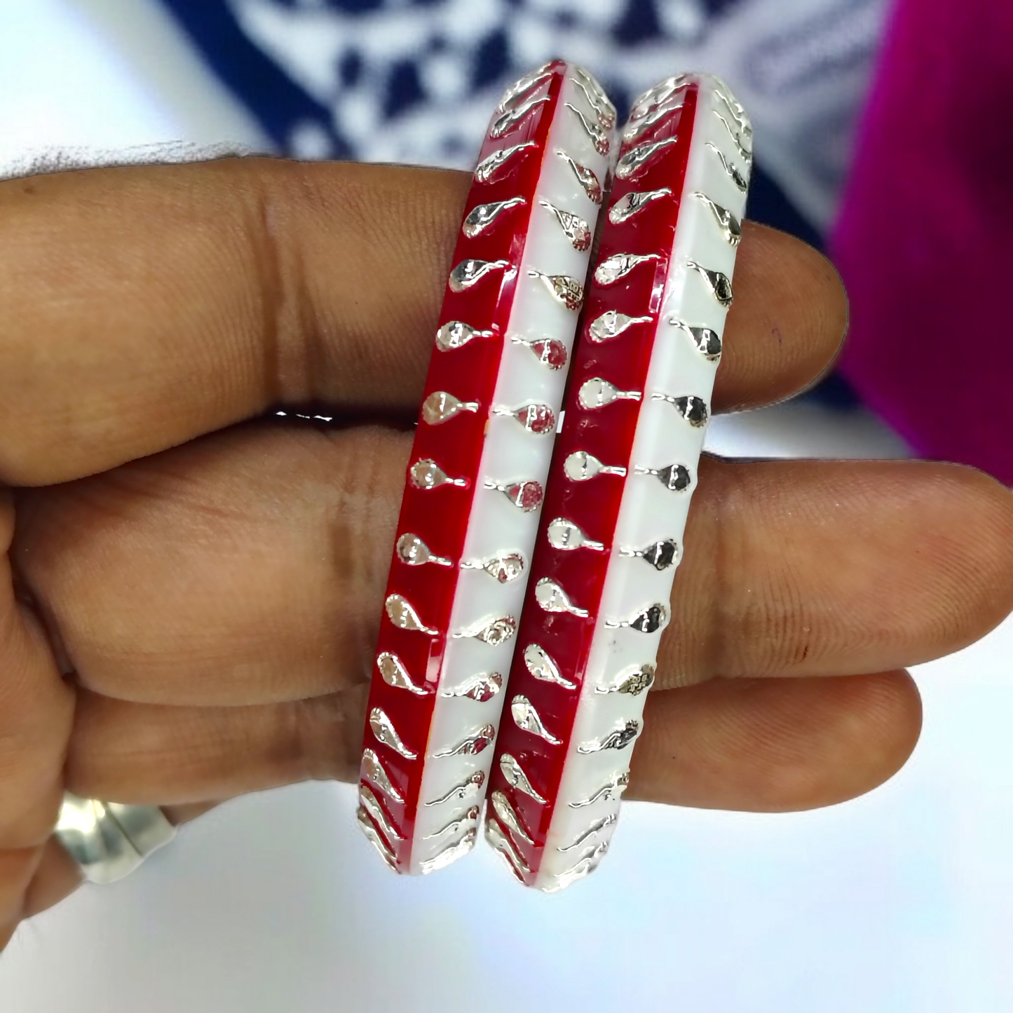 RED/WHITE LITE KANKAN DESIGN 995 ORIGINAL SILVER POLA BANGLES FOR WOMEN 1 PAIR - SOLD AS MRP BY RAJLAXMI.(GET FREE SILVER POLA RING) HAPPY HOURS OFFER.