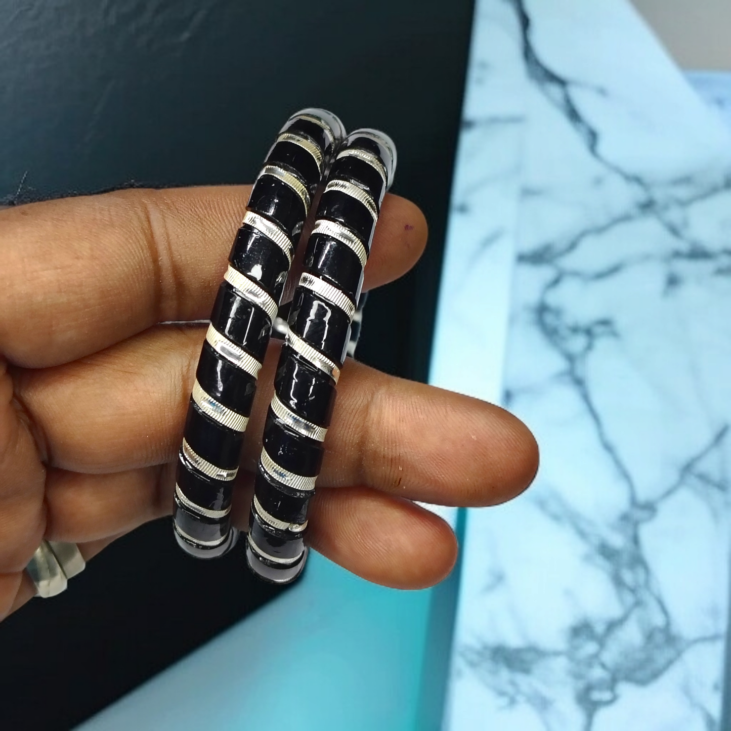 BLACK SPIRAL DESIGN 995 ORIGINAL SILVER POLA BANGLES FOR WOMEN 1 PAIR - SOLD AS MRP BY RAJLAXMI (GET FREE SILVER POLA RING) HAPPY HOURS OFFER.