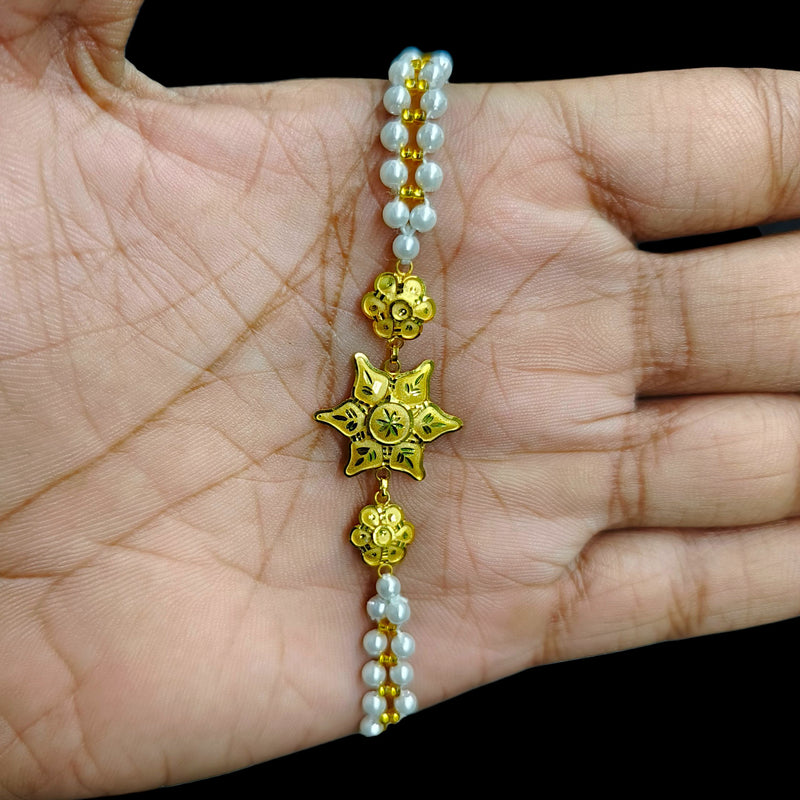 GOLD MOTI WRISTLET- (AHUGSY) (WGT: 0.890 GM APPROX) BIS CERTIFIED HUID HALLMARK 375 9KT GOLD WRISTLET (BRACELET) WITH MOTI CHAIN FOR WOMEN (ADJUSTABLE SIZE).