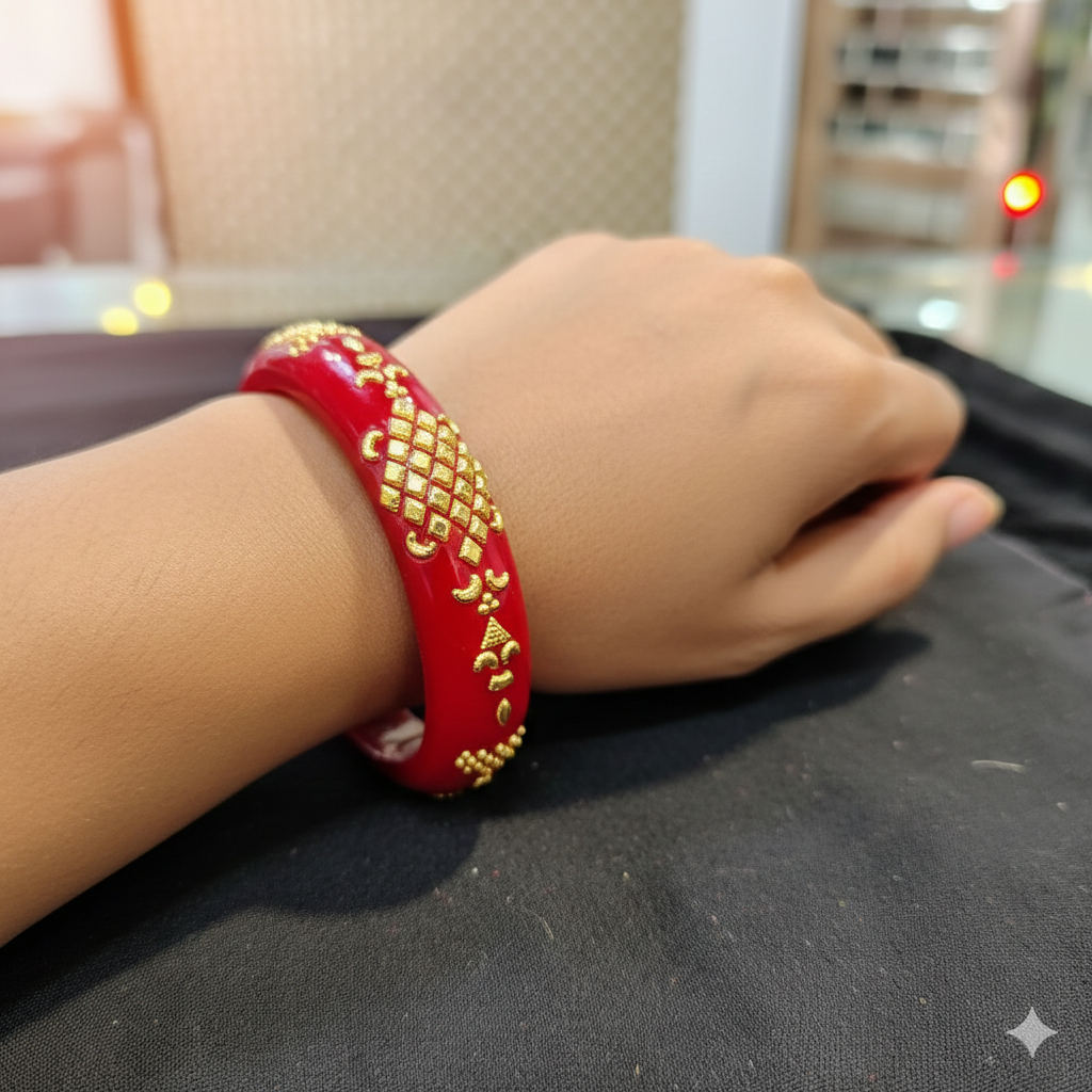 BRACELET POLA- CARROL DESIGN RED COLOUR (50 TONCH) KDM GOLD BRACELET POLA 1 PIECE FOR MARRIED WOMEN (REGULAR USE) APPROX WGT: 0.400 GM SOLD ON RRP (FUTURE EXCHANGE VALUE RS 4500 FOR LIFETIME).