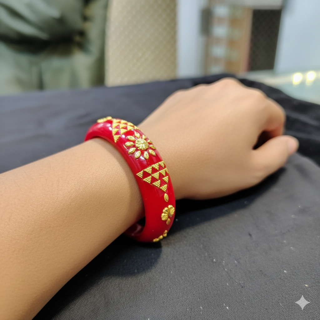 BRACELET POLA- REKKI DESIGN RED COLOUR (50 TONCH) KDM GOLD BRACELET POLA 1 PIECE FOR MARRIED WOMEN (REGULAR USE) APPROX WGT: 0.400 GM SOLD ON RRP (FUTURE EXCHANGE VALUE RS 4500 FOR LIFETIME).