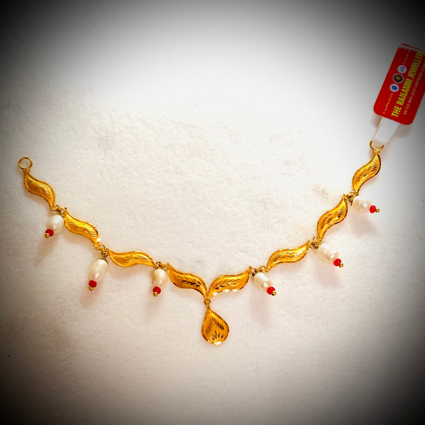 TRJ (MTO) RED BEADS DROP DESIGN HUID HALLMARK 22KT GOLD MINI NECKLACE 1 PIECE APPROX WGT 1.450 - 1.550 GM WITH TASSEL BY RAJLAXMI.