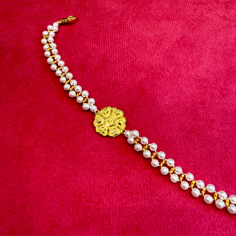 GOLD WRISTLET FOR BABY- BIS CERTIFIED HUID HALLMARK 375 9KT GOLD MOTI WRISTLET (WGT: 0.380 - 0.430 GM APPROX) WITH PEARL CHAIN FOR WOMEN (ADJUSTABLE SIZE).