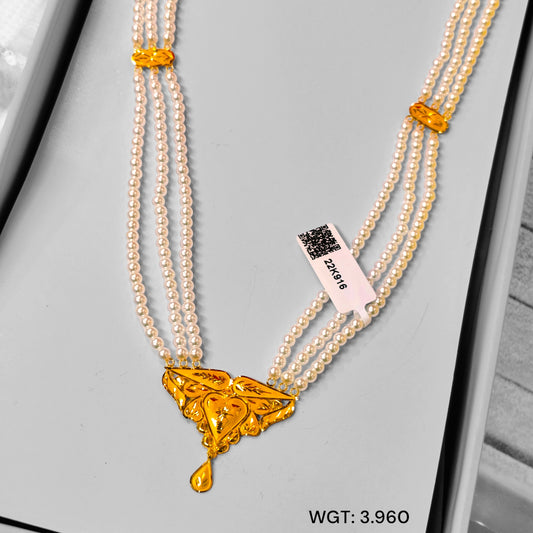 TRJ WGT: 3.960 GM APPROX 22KT HUID HALLMARK GOLD MOTI NECKLACE SITAHAR 1 PIECE WITH ADJUSTABLE TASSEL.