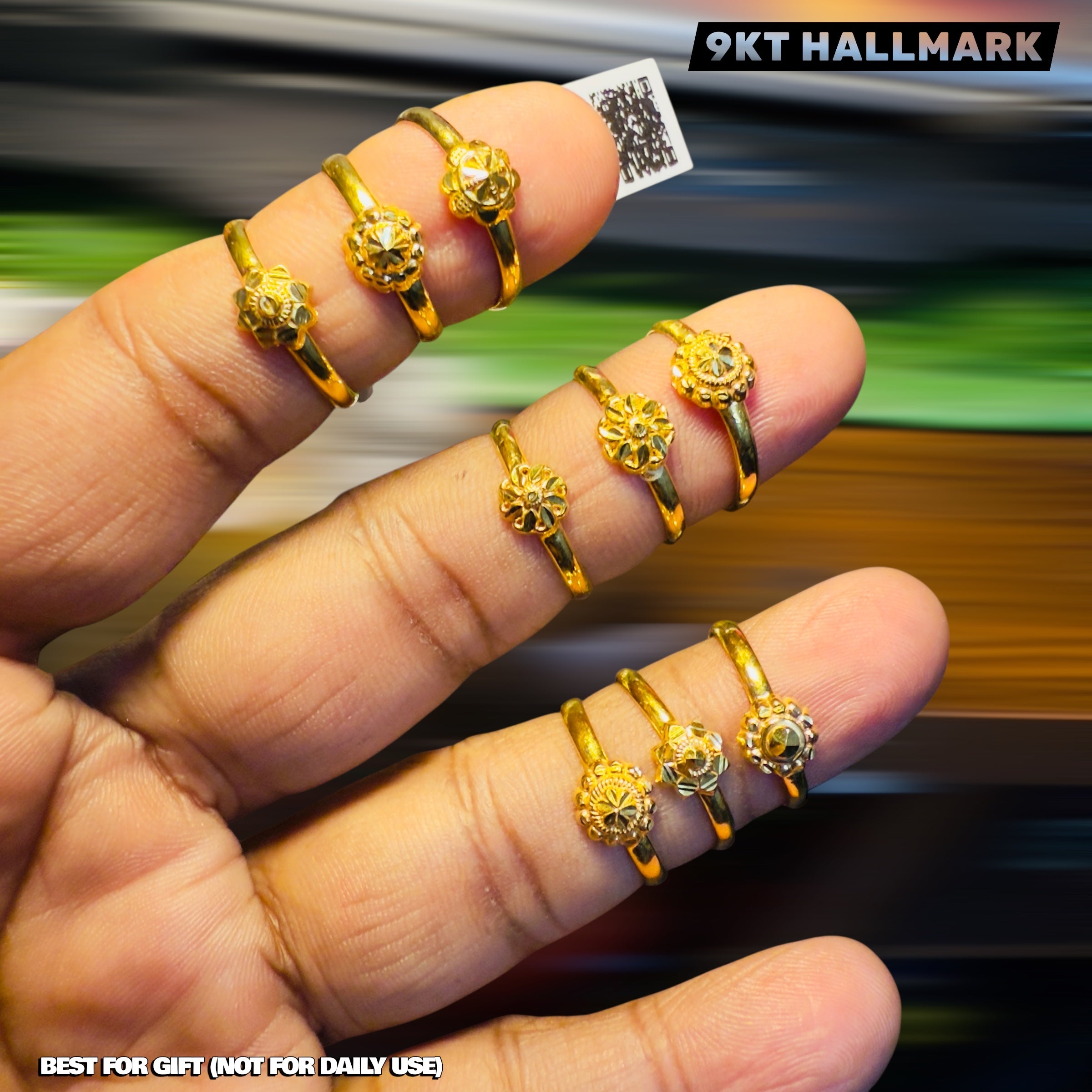 RAJKOT LADIES RING- WGT: 0.300 - 0.340 GM APPROX BIS CERTIFIED HUID HALLMARK 9KT GOLD FINGER RING FOR WOMEN 1 PIECE FOR WOMEN (VERY LIGHT WEIGHT - NOT FOR REGULAR USE).GET ANY DESIGN AS PER SIZE.