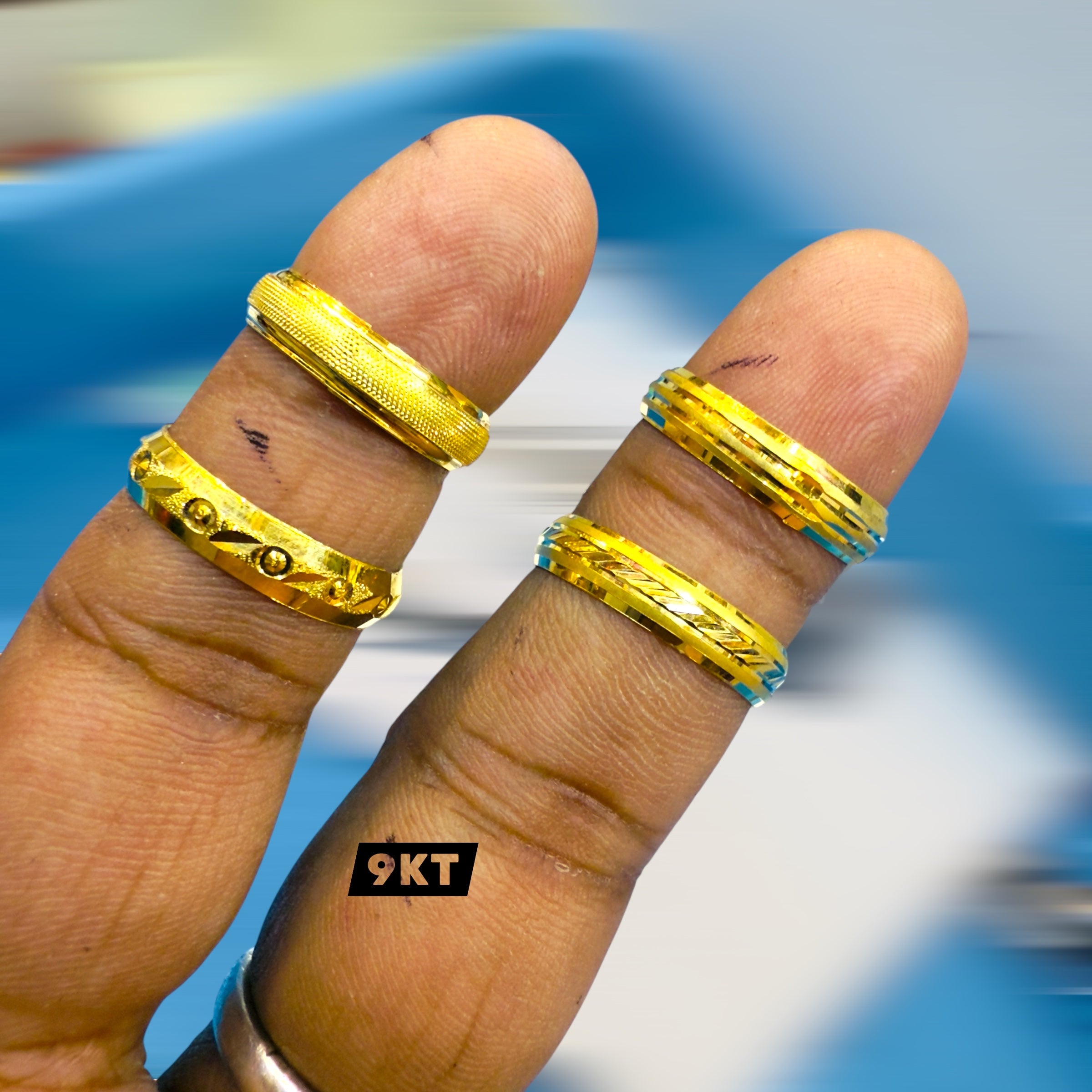 UNISEX THUMB LADIES RING- WGT: 1.010 - 1.070 GM APPROX BIS CERTIFIED HUID HALLMARK 9KT GOLD FINGER RING FOR UNISEX 1 PIECE (FOR REGULAR USE).GET ANY DESIGN AS PER SIZE.