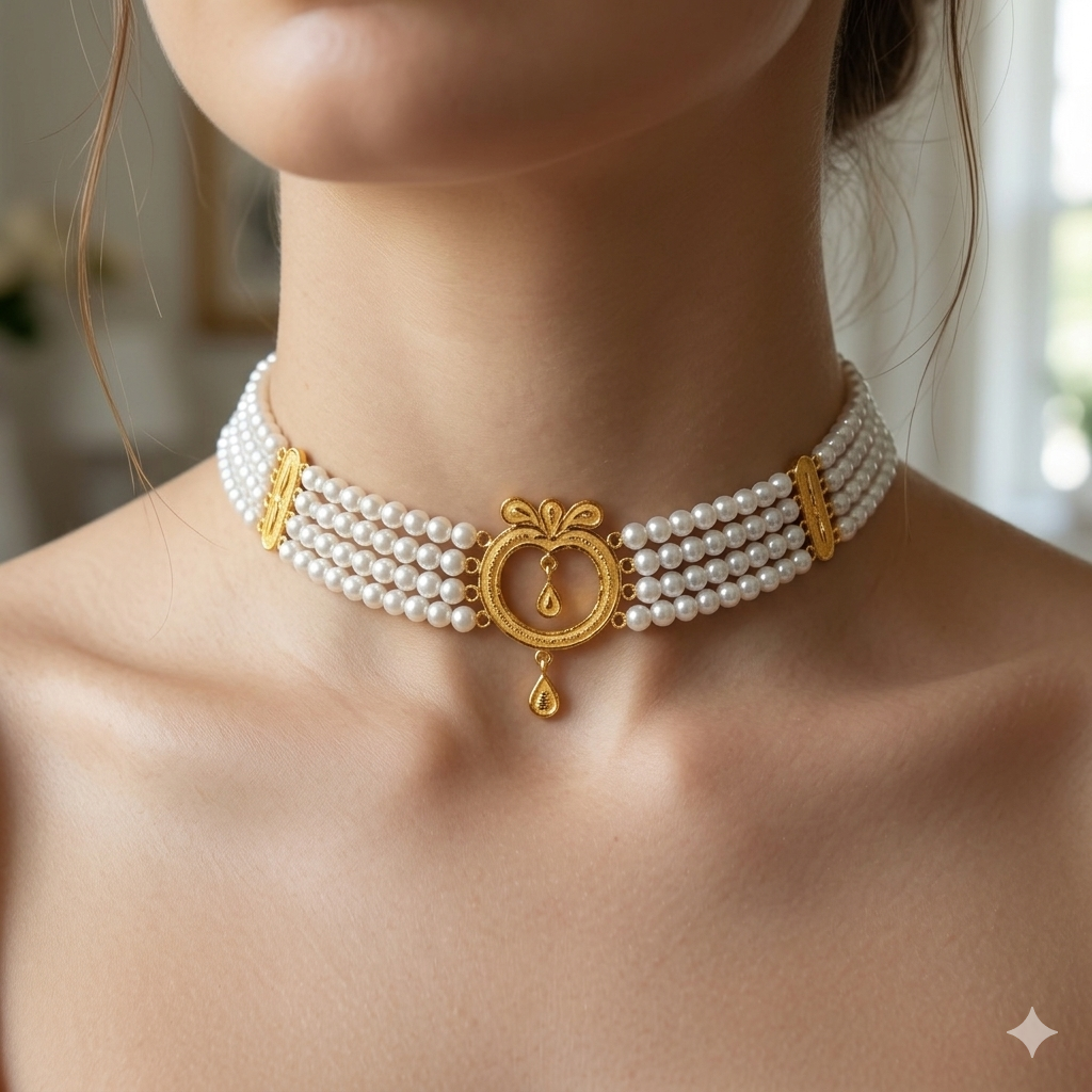 GOLD MOTI HAR- (WGT: 1.600 GM APPROX) BIS CERTIFIED HUID HALLMARK 916 22KT GOLD MOTI CHOKER 1 PIECE WITH FREE ADJUSTABLE TASSEL.