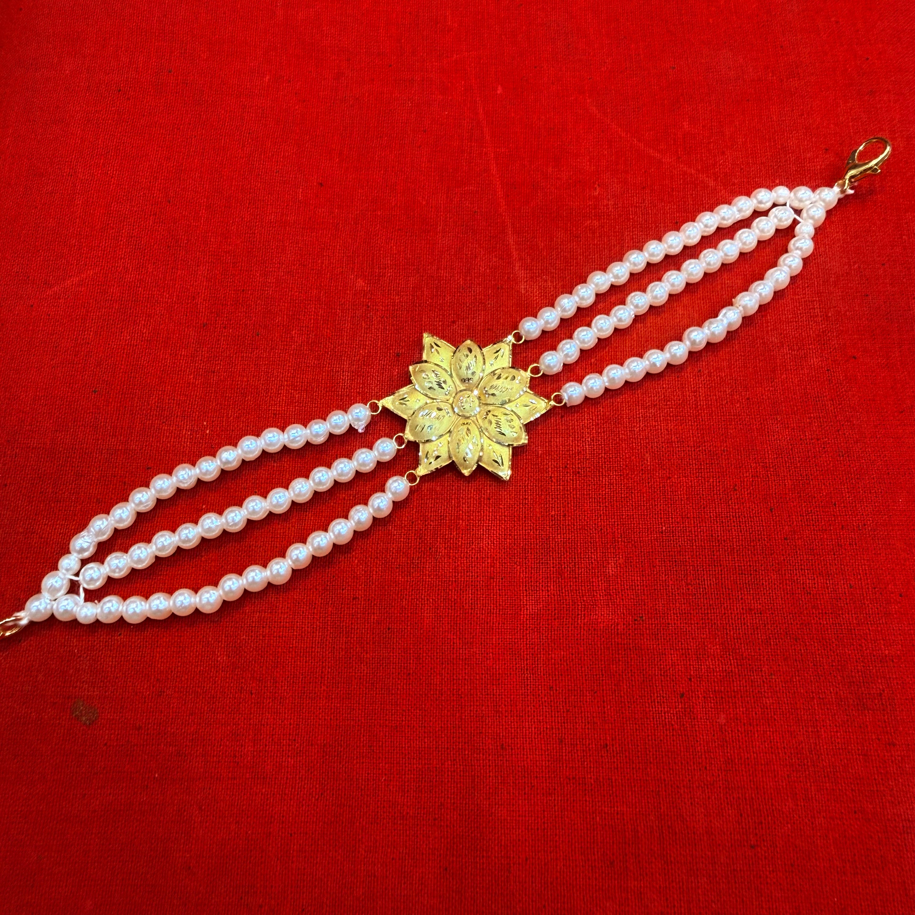 GOLD MANTASHA- (WGT: 1.220 GM APPROX) BIS CERTIFIED HUID HALLMARK 375 9KT GOLD MOTI MANTASHA WITH PEARL CHAIN FOR WOMEN.