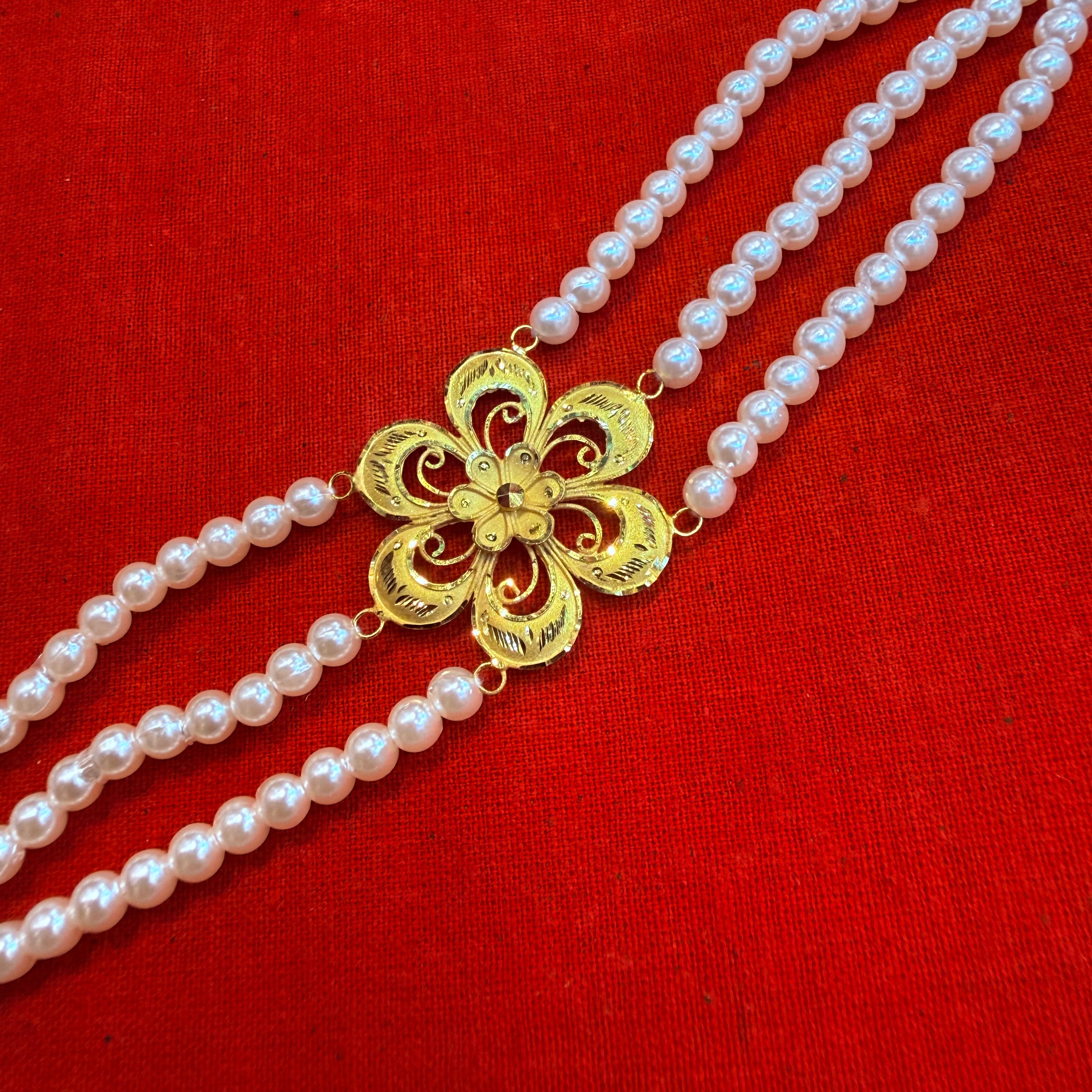 GOLD MANTASHA- (WGT: 1.370 GM APPROX) BIS CERTIFIED HUID HALLMARK 375 9KT GOLD MOTI MANTASHA WITH PEARL CHAIN FOR WOMEN.