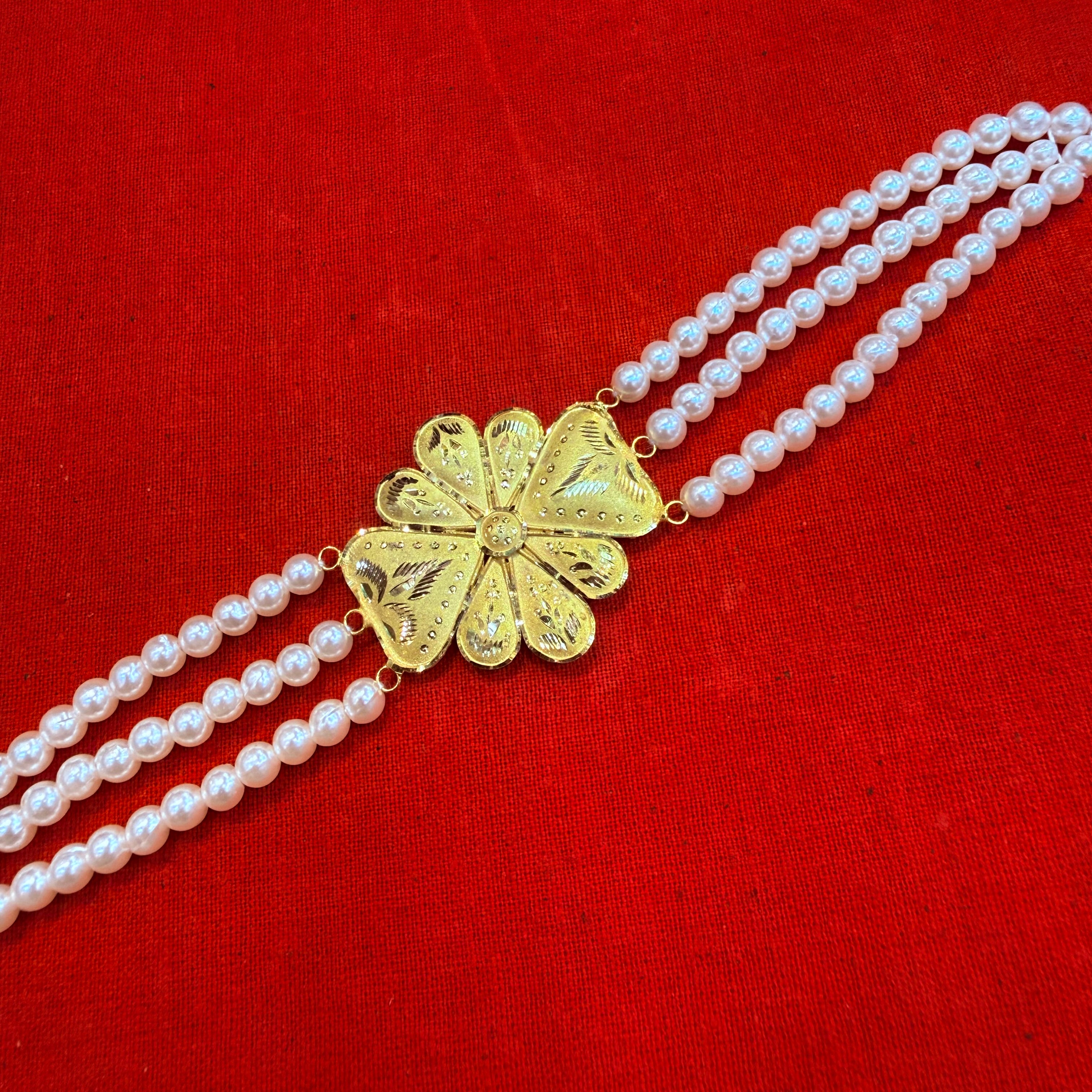 GOLD MANTASHA- (WGT: 1.290 GM APPROX) BIS CERTIFIED HUID HALLMARK 375 9KT GOLD MOTI MANTASHA WITH PEARL CHAIN FOR WOMEN.