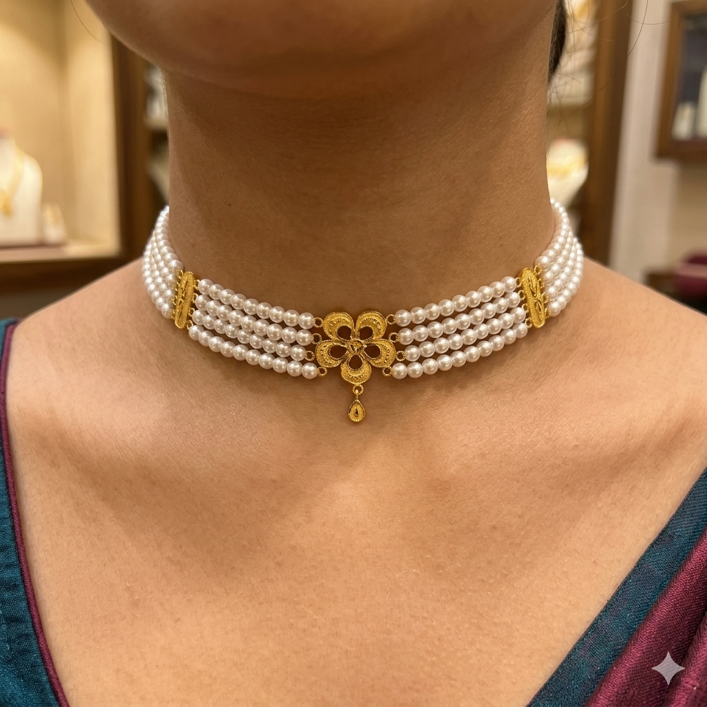 GOLD MOTI HAR- (WGT: 1.670 GM APPROX) BIS CERTIFIED HUID HALLMARK 916 22KT GOLD MOTI CHOKER 1 PIECE WITH FREE ADJUSTABLE TASSEL.