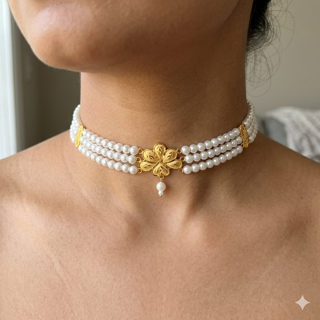 GOLD MOTI HAR- (WGT: 0.850 GM APPROX) BIS CERTIFIED HUID HALLMARK 916 22KT GOLD MOTI CHOKER 1 PIECE WITH FREE ADJUSTABLE TASSEL.
