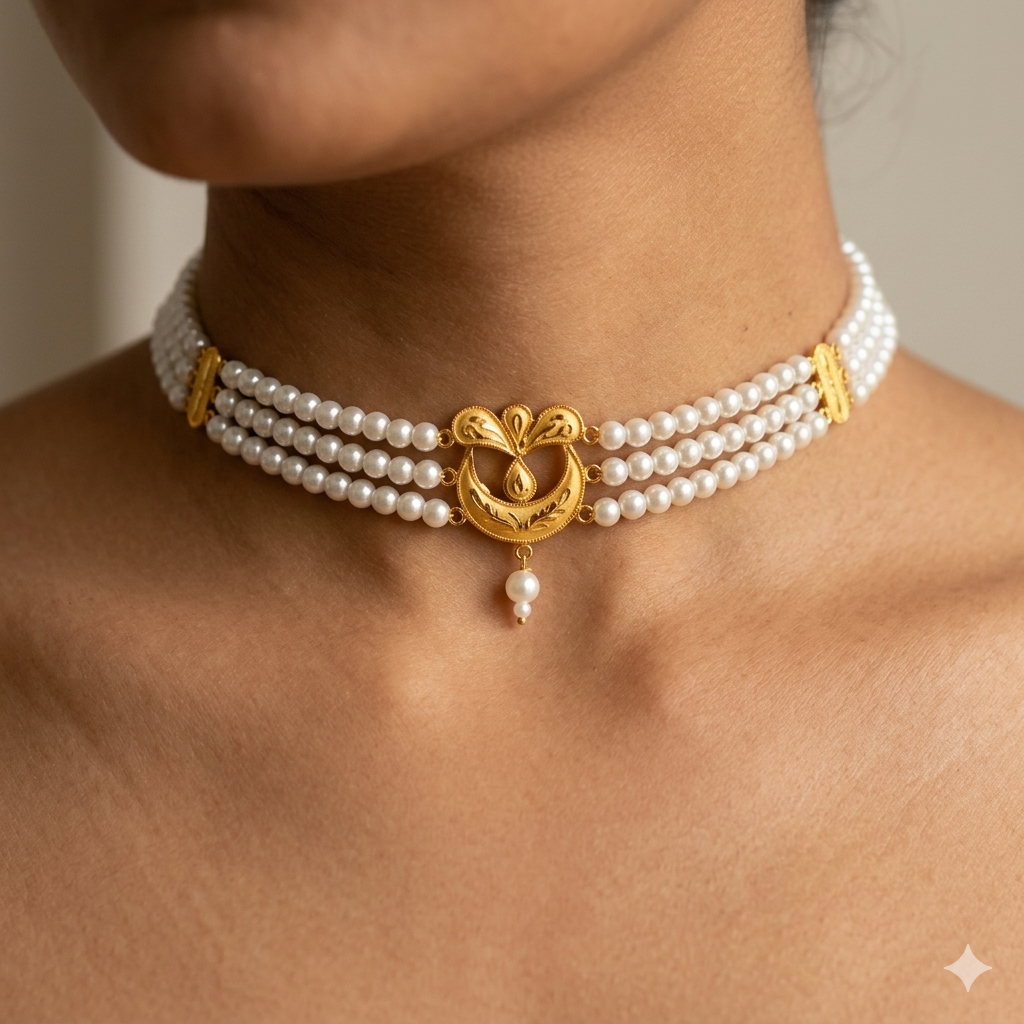 GOLD MOTI HAR- (WGT: 0.960 GM APPROX) BIS CERTIFIED HUID HALLMARK 916 22KT GOLD MOTI CHOKER 1 PIECE WITH FREE ADJUSTABLE TASSEL.