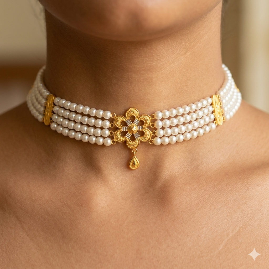GOLD MOTI HAR- (WGT: 1.710 GM APPROX) BIS CERTIFIED HUID HALLMARK 916 22KT GOLD MOTI CHOKER 1 PIECE WITH FREE ADJUSTABLE TASSEL.