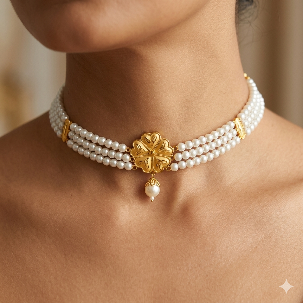 GOLD MOTI HAR- (WGT: 1.040 GM APPROX) BIS CERTIFIED HUID HALLMARK 916 22KT GOLD MOTI CHOKER 1 PIECE WITH FREE ADJUSTABLE TASSEL.